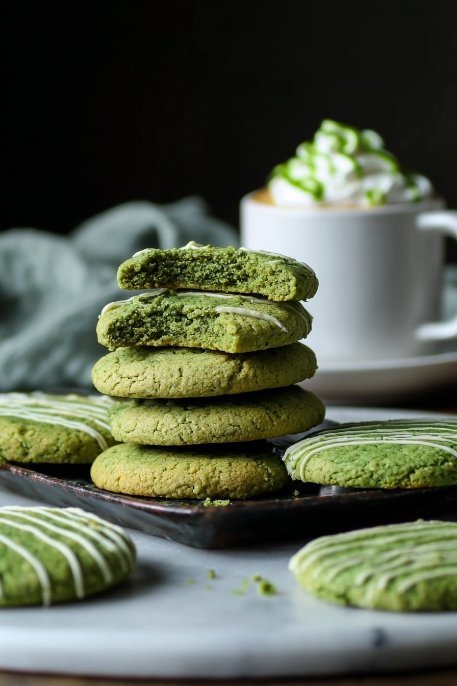 A stack of six green cookies is placed on a dark rectangular plate on a white marbled surface. The bottom four cookies are whole, with a rough texture and slightly browned edges, while the top two cookies show the inside, which is soft and crumbly with a bright green color. Nearby, on the plate and the surface, there are a few more green cookies, some decorated with thin white icing lines. In the background, a white cup and saucer hold a drink topped with whipped cream and green drizzle. The scene is softly lit with a dark backdrop and a blurred light gray fabric. Photo taken with an iphone --ar 2:3 --v 7 - Matcha Shortbread Cookies, easy matcha cookie recipe, buttery shortbread with matcha, green tea shortbread, homemade matcha cookies