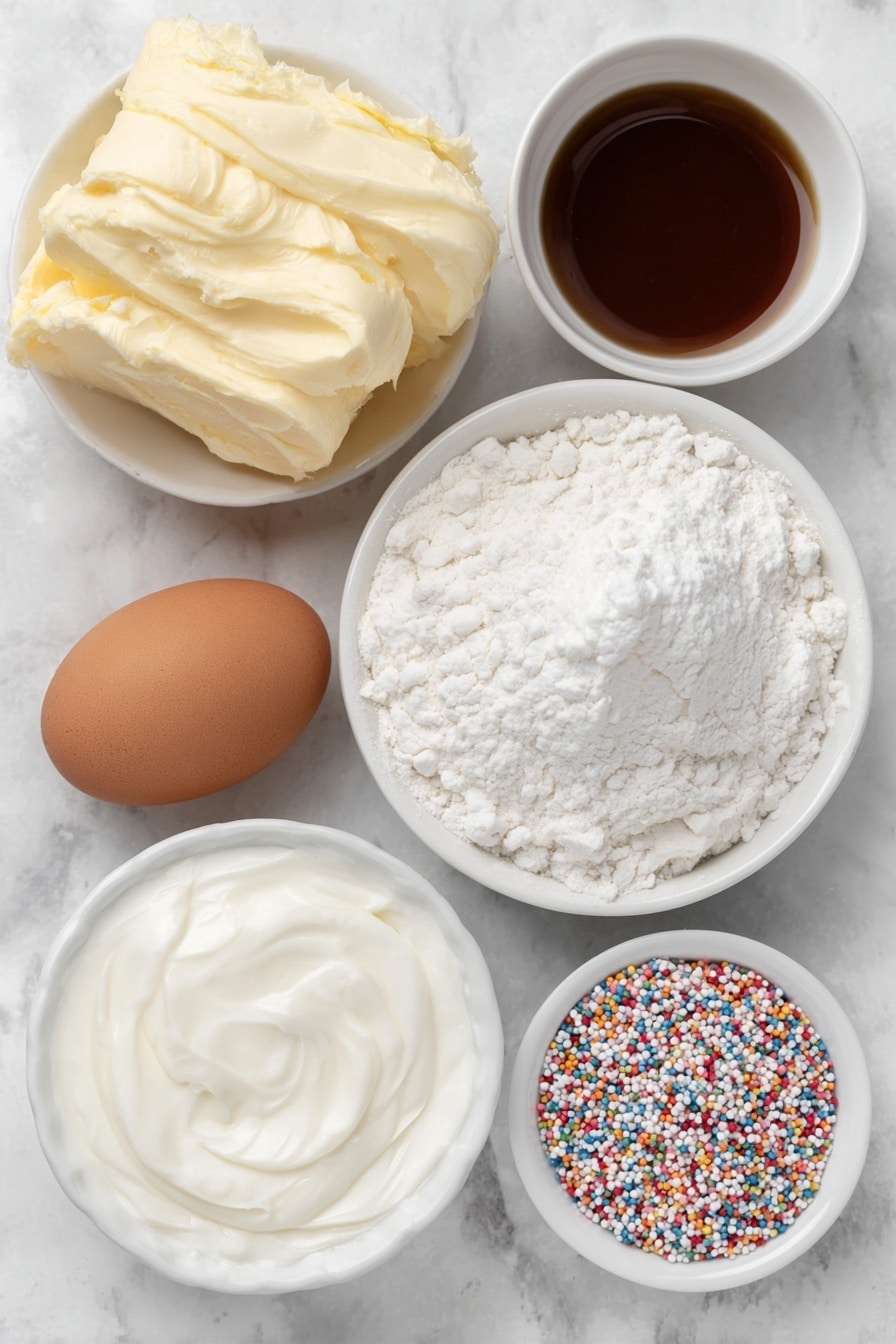 Flat lay of a small mound of soft, pale yellow butter, a small white ceramic bowl filled with fine white powdered sugar, a single whole brown egg with a clean shell, a small white bowl holding a clear almond extract liquid, a small heap of coarse kosher salt crystals, a generous pile of light all-purpose flour, a small white bowl with smooth white milk, and a small white bowl filled with colorful round sprinkles, all arranged symmetrically on a clean white marble surface, soft natural light, photo taken with an iPhone, professional food photography style, fresh ingredients, white ceramic bowls, no bottles, no duplicates, no utensils, no packaging --ar 2:3 --v 7 --p m7354615311229779997 - Spritz Cookies with Almond Icing, festive spritz cookies, almond cookie recipe, holiday cookie ideas, buttery spritz cookies