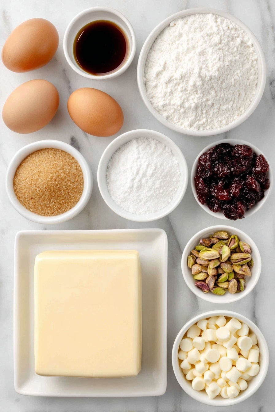 Flat lay of a small square block of pale yellow butter, two whole brown eggs with clean shells, a small mound of packed light brown sugar, a small white bowl of vanilla extract, a small white bowl of baking powder, a small white bowl of kosher salt, a small heap of all purpose flour, a small white bowl filled with chopped dried red cranberries, a small white bowl with shelled green pistachios, a small white bowl of white chocolate chips, a rectangular block of cream cheese, and a small white bowl filled with fine powdered sugar placed symmetrically on a clean white marble surface, soft natural light, photo taken with an iPhone, professional food photography style, fresh ingredients, white ceramic bowls, no bottles, no duplicates, no utensils, no packaging --ar 2:3 --v 7 --p m7354615311229779997 - Cranberry Pistachio Bliss Bars, Cranberry Pistachio Bars, holiday dessert bars, festive nut and berry bars, easy fruit and nut bars