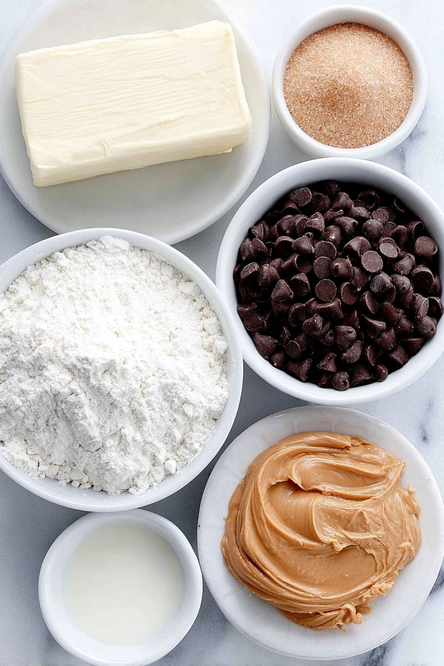 Flat lay of a stick of unsalted butter softened, a small mound of light brown sugar, a small white bowl of clear vanilla extract, a small white bowl filled with all-purpose flour, a small white bowl with thick sweetened condensed milk, a simple white ceramic bowl filled with mini chocolate chips, a dollop of creamy peanut butter on a white plate, and a small white bowl of milk chocolate chips, all arranged with perfect symmetry and balanced proportions, placed on a clean white marble surface, soft natural light, photo taken with an iPhone, professional food photography style, fresh ingredients, white ceramic bowls, no bottles, no duplicates, no utensils, no packaging --ar 2:3 --v 7 --p m7354615311229779997 - Chocolate Chip Cookie Dough Bars, no-bake cookie dough bars, egg-free cookie dough treats, easy cookie dough dessert, chocolate peanut butter bars
