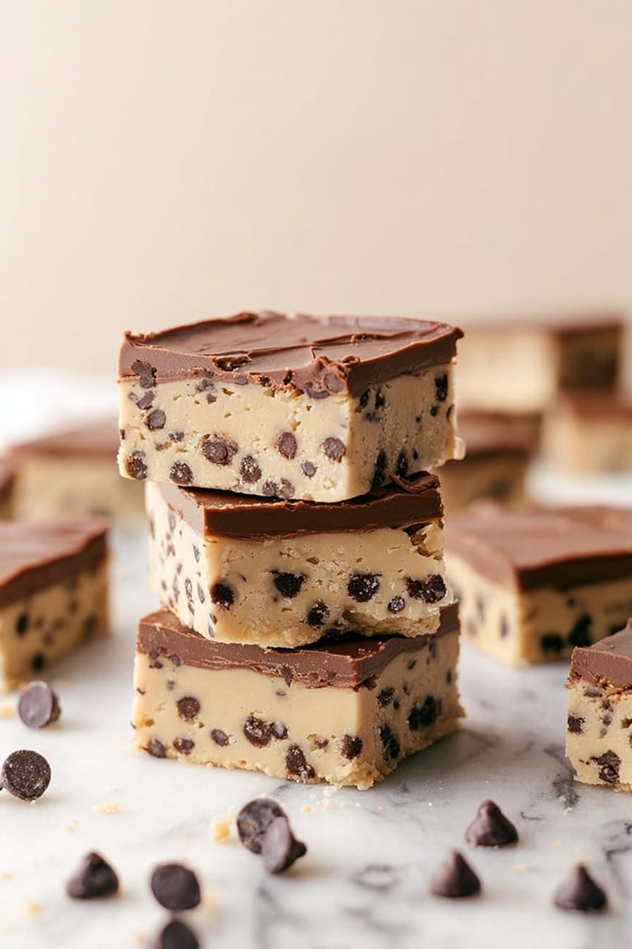 The image shows a thick two-layered dessert on white parchment paper. The bottom layer is light beige with many dark chocolate chips scattered inside, looking soft and dense. The top layer is smooth and shiny milk chocolate, with soft drizzled swirls across the surface. The dessert is cut into large square pieces, and a few chocolate chips are scattered on the white marbled surface around it. photo taken with an iphone --ar 2:3 --v 7 - Chocolate Chip Cookie Dough Bars, no-bake cookie dough bars, egg-free cookie dough treats, easy cookie dough dessert, chocolate peanut butter bars
