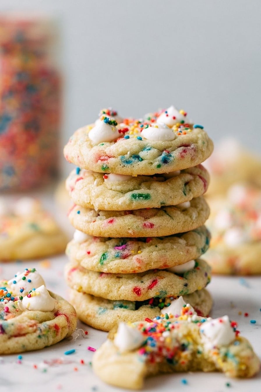 A group of round cookies closely stacked and overlapping on a white marbled surface, each cookie showing a soft, golden-brown texture with colorful sprinkles embedded throughout the dough. Each cookie has small white chocolate chips scattered on the top, creating slight dimples, with some chips slightly melted into the surface. The cookies appear soft and chewy, with a subtle rugged edge around each piece, and the sprinkles add specks of red, blue, green, yellow, and pink, giving a festive look. Photo taken with an iphone --ar 2:3 --v 7 - Funfetti Cheesecake Pudding Cookies, colorful birthday cookies, easy cheesecake cookies, soft rainbow sprinkle cookies, funfetti dessert recipes