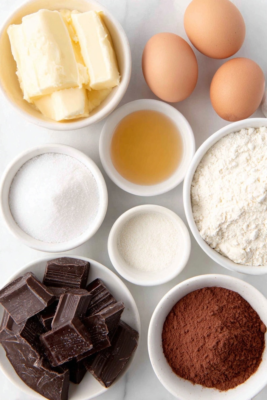 Flat lay of a small white ceramic bowl with melted golden butter, a small white bowl with clear vegetable oil, a neat mound of granulated white sugar on a simple white plate, two whole brown eggs with clean shells, a small white bowl holding light amber vanilla extract, a small white bowl filled with fine all-purpose flour, a small white bowl with fine white salt, a small white bowl with pale beige baking powder, a small white bowl with rich reddish-brown cocoa powder, a small white bowl with darker, almost black cocoa powder, a simple white plate with glossy dark chocolate chunks scattered neatly, all arranged symmetrically and balanced, placed on a clean white marble surface, soft natural light, photo taken with an iPhone, professional food photography style, fresh ingredients, white ceramic bowls, no bottles, no duplicates, no utensils, no packaging --ar 2:3 --v 7 --p m7354615311229779997 - Chocolate Brownie Cookies, brownie cookies recipe, chewy chocolate cookies, fudgy cookie recipe, easy brownie cookie recipe