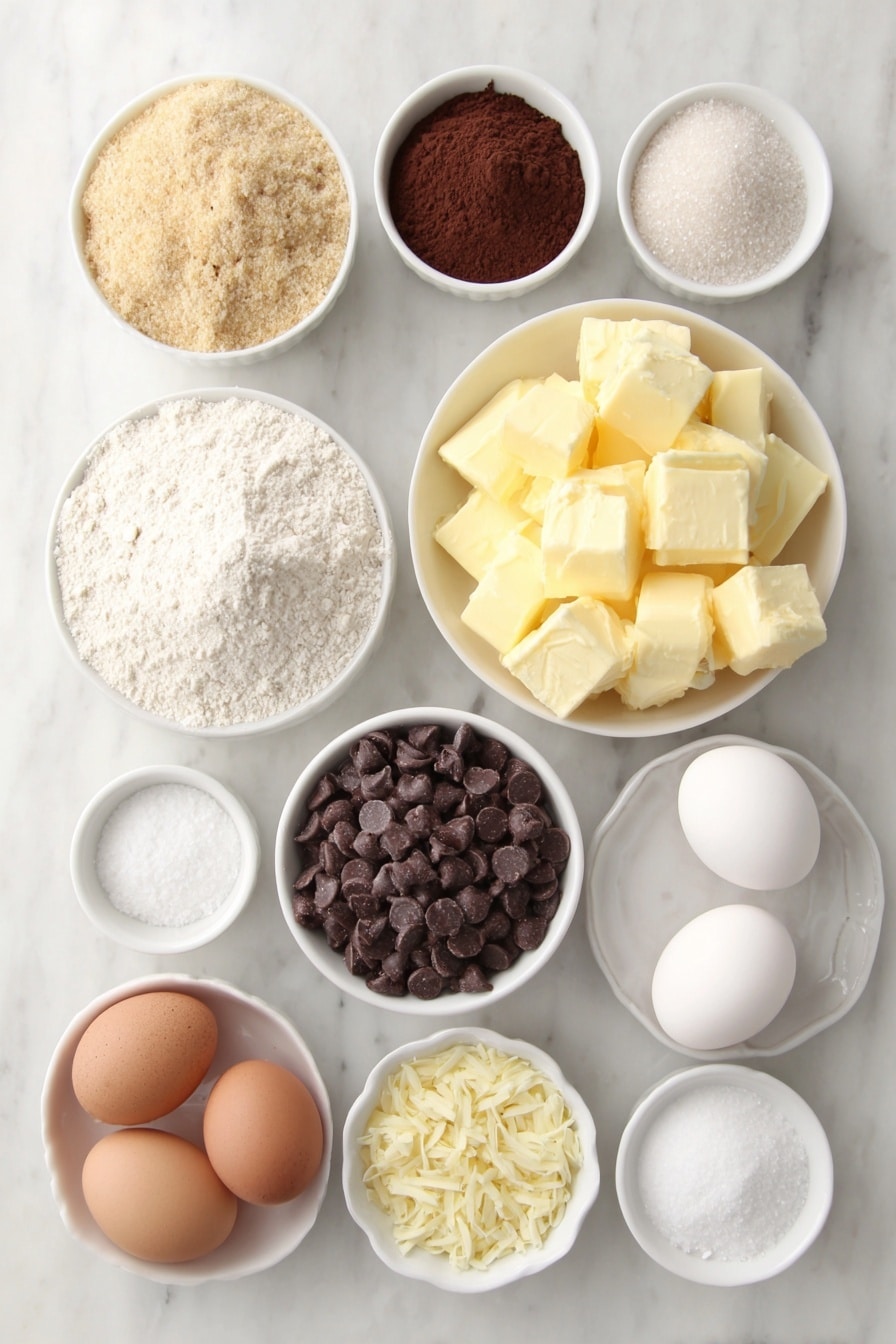 Flat lay of a small mound of light brown sugar, a small mound of granulated sugar, a small mound of unsweetened cocoa powder, a small mound of all-purpose flour, a few sprigs of cornstarch kernels, two whole uncracked brown eggs, two whole uncracked white eggs, a few tablespoons of salted butter chunks, a teaspoon of vanilla extract in a small white bowl, a quarter teaspoon of baking soda in a small white bowl, a quarter teaspoon of salt in a small white bowl, a half teaspoon of baking soda in a small white bowl, a half teaspoon of salt in a small white bowl, two small white bowls each containing a half cup of glossy semi-sweet chocolate chips, all arranged with perfect symmetry and balanced proportions in simple white ceramic bowls placed on a clean white marble surface, soft natural light, photo taken with an iPhone, professional food photography style, fresh ingredients, white ceramic bowls, no bottles, no duplicates, no utensils, no packaging --ar 2:3 --v 7 --p m7354615311229779997 - Brookies Cookies with Chocolate Chips, chocolate chip brownie cookies, easy brookie recipe, chewy brownie cookie combo, homemade brookies