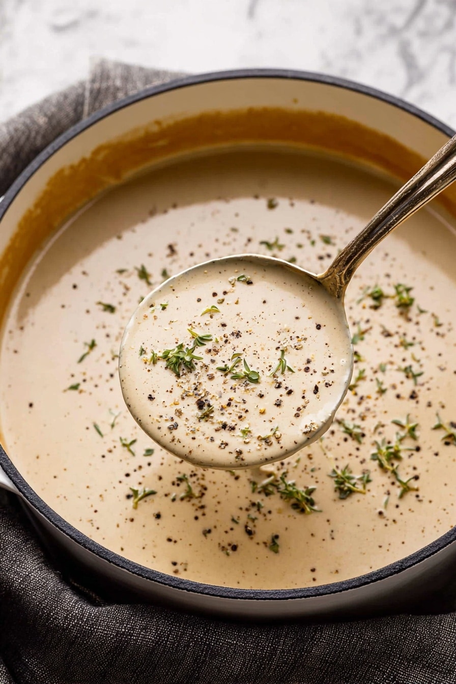 A close-up view of a creamy beige sauce in a white pot with a dark rim, sprinkled with small black pepper flakes and tiny green herb bits evenly spread on top. In the center, a ladle lifts some sauce showing its smooth texture with the same small black pepper and green herb bits on its surface. The sauce fills the pot almost to the top edge, and the pot sits on a dark fabric over a white marbled surface. Photo taken with an iphone --ar 2:3 --v 7 - Creamy Mushroom Bisque, mushroom bisque, creamy mushroom soup, easy mushroom bisque, velvety mushroom soup