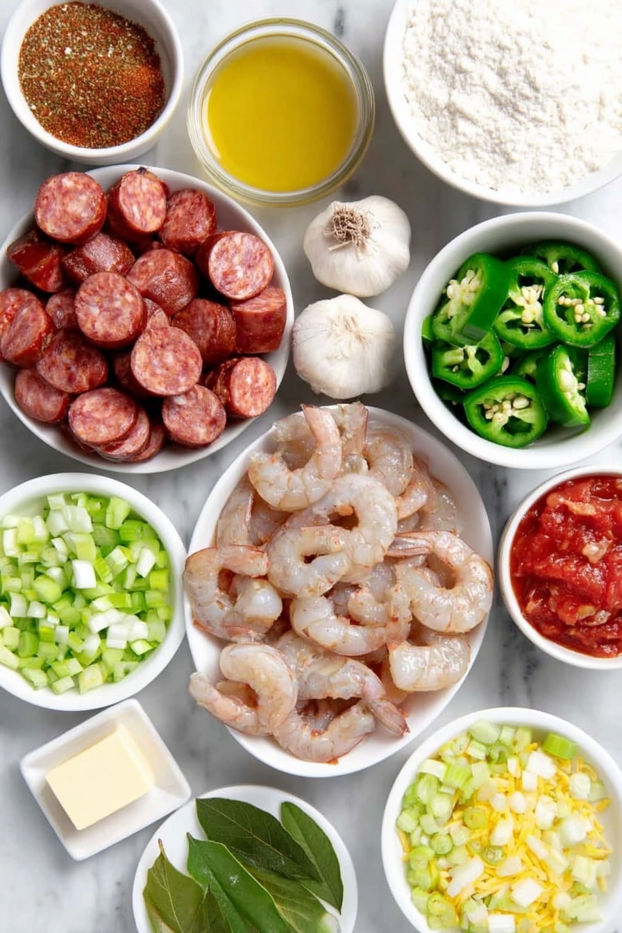 Flat lay of sliced Andouille sausage pieces, peeled and deveined raw shrimp, a small pat of butter, a small bowl of all-purpose flour, a small white bowl filled with chopped yellow onion, a small white bowl with chopped green bell pepper, a small white bowl holding chopped celery, three whole unpeeled garlic cloves, a small white bowl of chicken broth, a small white bowl of diced tomatoes, a small white bowl of tomato sauce, two fresh bay leaves, a small white bowl with Cajun seasoning, a small white bowl of kosher salt, a small white bowl of sliced fresh okra, a small white bowl with oil, a small white ceramic dish holding cooked basmati rice, a small pile of sliced scallions, all arranged symmetrically on a clean white marble surface, soft natural light, photo taken with an iPhone, professional food photography style, fresh ingredients, white ceramic bowls, no bottles, no duplicates, no utensils, no packaging --ar 2:3 --v 7 --p m7354615311229779997 - Authentic New Orleans Shrimp and Sausage Gumbo, Cajun shrimp gumbo recipe, Southern comfort food recipes, homemade gumbo with sausage and shrimp, traditional Louisiana gumbo
