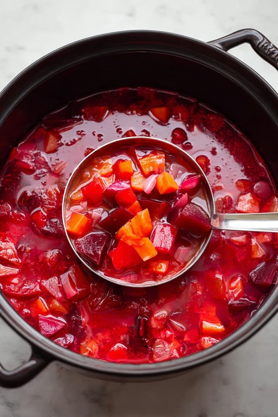The image shows a black pot filled with a bright red soup containing large diced pieces of vegetables like carrots and beets in a clear broth. In the center, a ladle with a silver handle lifts a portion of the soup, revealing more vegetable pieces inside it. The soup looks chunky and colorful with a shiny surface from the broth. The pot rests on a white marbled surface. Photo taken with an iphone --ar 2:3 --v 7 - Hearty Beet Borscht, beet borscht recipe, healthy beet soup, vegetarian borscht, easy beet soup