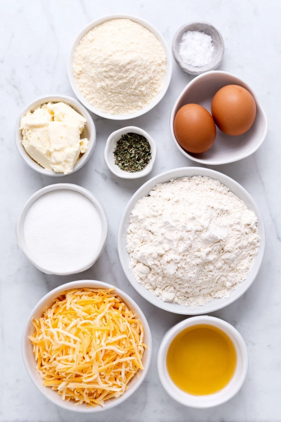 Flat lay of all-purpose flour in a small white ceramic bowl, a few granules of white sugar in another small white bowl, a mound of light beige baking powder next to a small pile of fine white salt, a heap of pale yellow garlic powder, a small cluster of dried green Italian seasoning herbs, whole milk in a small white bowl, two whole uncracked brown eggs, melted golden butter in a small white bowl, a generous pile of shredded bright orange cheddar cheese all arranged symmetrically in simple white ceramic bowls, placed on a clean white marble surface, soft natural light, photo taken with an iPhone, professional food photography style, fresh ingredients, white ceramic bowls, no bottles, no duplicates, no utensils, no packaging --ar 2:3 --v 7 --p m7354615311229779997 - Cheddar Garlic Quick Bread, savory quick bread, cheesy garlic bread, easy bread recipes, fast bread for snacks and sides