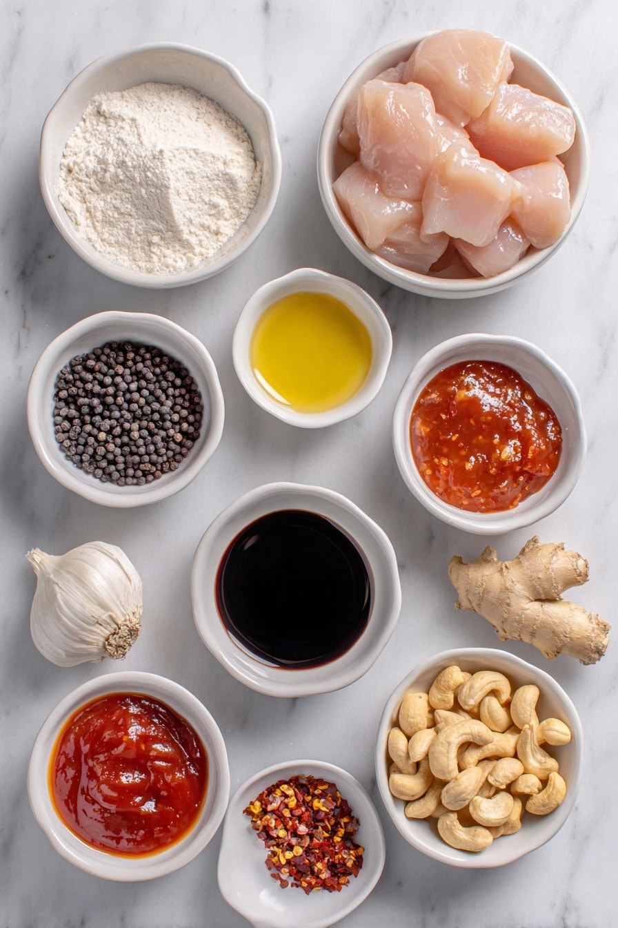 Flat lay of boneless skinless chicken breasts cut into chunks, a small white bowl of cornstarch, a small white bowl with whole black peppercorns, a small white bowl of golden canola oil, a small white bowl of dark soy sauce, a small white bowl of clear rice wine vinegar, a small white bowl of bright red ketchup, a small white bowl of glossy orange sweet chili sauce, a small white bowl of brown sugar crystals, two whole garlic cloves with papery skins, a small piece of fresh ginger root with skin, a small white bowl of red pepper flakes, a small pile of whole raw cashews, all arranged symmetrically on simple white ceramic plates and bowls placed on a clean white marble surface, soft natural light, photo taken with an iPhone, professional food photography style, fresh ingredients, white ceramic bowls, no bottles, no duplicates, no utensils, no packaging --ar 2:3 --v 7 --p m7354615311229779997 - Slow Cooker Cashew Chicken, easy cashew chicken recipe, healthy slow cooker chicken, flavorful chicken stir-fry, simple crockpot chicken dishes