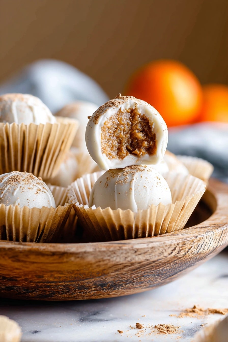 The image shows a group of round white chocolate-coated balls sitting in white paper cups arranged on a textured brown surface. Each ball has a smooth, shiny white coating dusted lightly with a golden brown powder on top. One ball is bitten into, revealing a soft, dense, light brown center inside with a slightly crumbly texture. The white paper cups have ridged edges, neatly holding each chocolate ball, and the overall arrangement is close together, filling the frame. Photo taken with an iphone --ar 2:3 --v 7 - Pumpkin Cream Cheese Truffles, pumpkin truffles, no-bake fall treats, holiday dessert ideas, easy pumpkin sweets