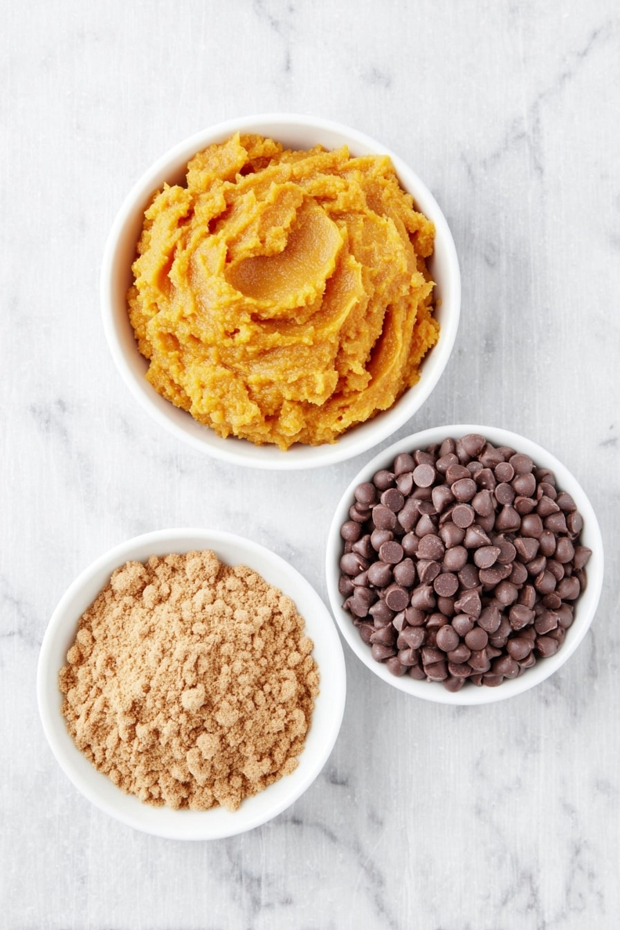 Flat lay of a small white ceramic bowl filled with smooth, bright orange pumpkin puree, a neatly opened white ceramic bowl containing a generous mound of warm golden-brown spice cake mix powder, and a small white ceramic bowl heaped with glossy, round milk chocolate chips, arranged in perfect symmetry and balanced proportions, placed on a clean white marble surface, soft natural light, photo taken with an iPhone, professional food photography style, fresh ingredients, white ceramic bowls, no bottles, no duplicates, no utensils, no packaging --ar 2:3 --v 7 --p m7354615311229779997 - Pumpkin Chocolate Chip Cookies, easy fall cookies, quick pumpkin treats, soft pumpkin cookies, holiday cookie recipes