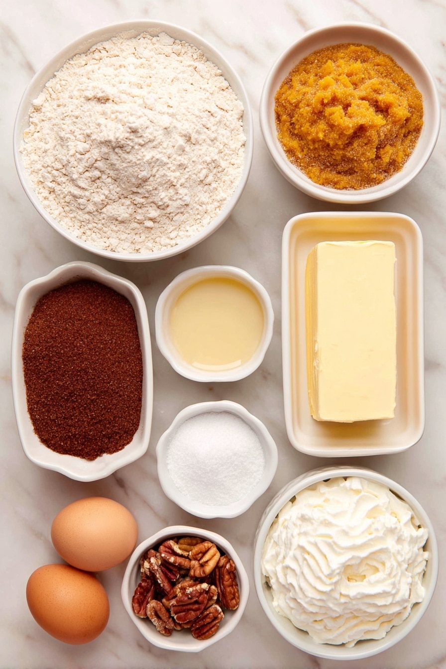 Flat lay of a small white ceramic bowl of all-purpose flour, a small white ceramic bowl of old-fashioned oats, a small white ceramic bowl of packed brown sugar, a square of butter, a small white ceramic bowl of granulated sugar, a small white ceramic bowl of fresh homemade pumpkin puree, a small white ceramic bowl of evaporated milk, two whole uncracked brown eggs, a small white ceramic bowl of pumpkin pie spice, a small white ceramic bowl of chopped pecans, a small white ceramic bowl of whipped cream, all arranged with perfect symmetry and realistic proportions, placed on a clean white marble surface, soft natural light, photo taken with an iPhone, professional food photography style, fresh ingredients, white ceramic bowls, no bottles, no duplicates, no utensils, no packaging --ar 2:3 --v 7 --p m7354615311229779997 - Pumpkin Pecan Pie Bars, fall dessert recipes, easy pumpkin bar recipe, holiday dessert ideas, seasonal pie bars