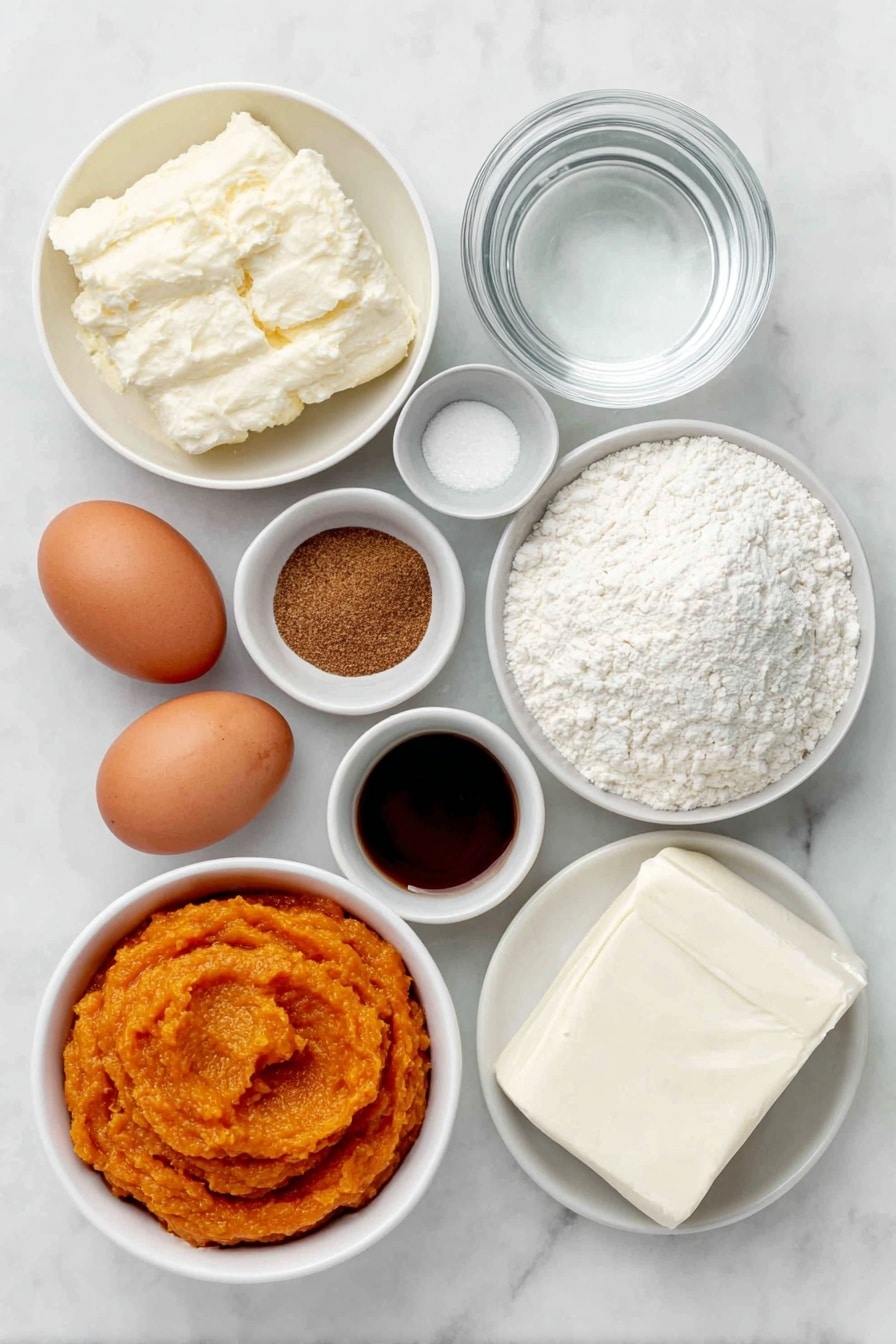 Flat lay of a small white ceramic bowl of melted unsalted butter, a heap of granulated sugar on a white ceramic plate, two whole brown eggs with clean shells, a white ceramic bowl filled with vibrant orange pumpkin puree, a small white ceramic bowl with clear water, a small white ceramic bowl of vanilla extract, a white ceramic plate with a neat pile of all-purpose flour, a small white ceramic bowl containing ground cinnamon, a small white ceramic bowl with ground cloves, a small white ceramic bowl of ground nutmeg, a small white ceramic bowl of ground ginger, a small white ceramic bowl with baking soda, a small white ceramic bowl with baking powder, a small white ceramic bowl of salt, a white ceramic plate showing a block of cream cheese in soft texture, arranged in perfect symmetry, placed on a clean white marble surface, soft natural light, photo taken with an iPhone, professional food photography style, fresh ingredients, white ceramic bowls, no bottles, no duplicates, no utensils, no packaging --ar 2:3 --v 7 --p m7354615311229779997 - Pumpkin Roll Bars with Cream Cheese Swirl, pumpkin spice bars, fall dessert recipes, pumpkin cream cheese bars, easy pumpkin dessert