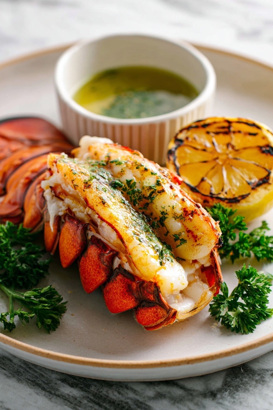 A close-up of a white plate with a large lobster tail at the back showing bright orange and red shell with some green herbs sprinkled on top. In the front is a small round brown bowl filled with golden melted butter with herbs floating, holding a piece of white lobster meat with a grilled texture that a fork is holding from above. On the plate, there are green parsley leaves and a grilled lemon half with a golden-brown charred surface. The whole scene is placed on a white marbled surface. Photo taken with an iphone --ar 2:3 --v 7 - Perfect Garlic Butter Lobster Tails, lobster tail recipes, easy seafood dinner, garlic butter lobster, gourmet lobster meal