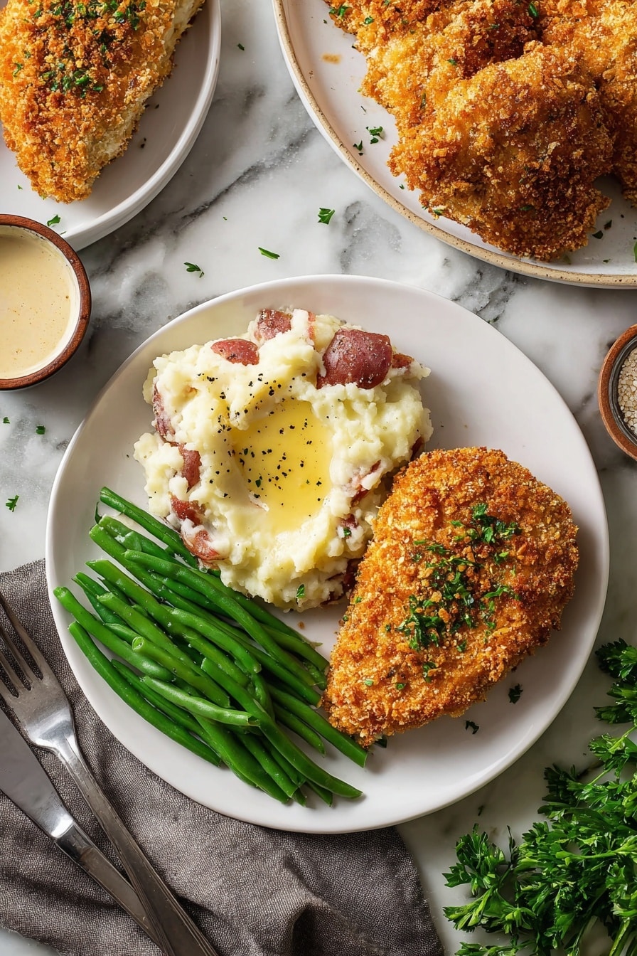 The image shows a white plate with three sections of food: on the right side is a golden brown, crispy breaded cutlet with parsley sprinkled on top; next to it on the left is a serving of mashed potatoes with red potato skin pieces mixed in, topped with a small pool of melted butter and sprinkled with black pepper; below the mashed potatoes is a neat row of bright green, steamed green beans with a shiny texture. The plate sits on a white marbled surface with a fork and knife placed on a grey cloth napkin beside it. In the background, there is part of another white plate holding more breaded cutlets and a small brown bowl containing a creamy sauce. Fresh parsley leaves are partially visible on the right side of the image. photo taken with an iphone --ar 2:3 --v 7 - Oven Fried Chicken Thighs, crispy baked chicken thighs, easy healthy chicken dinner, juicy oven-fried chicken, crunchy baked chicken recipe