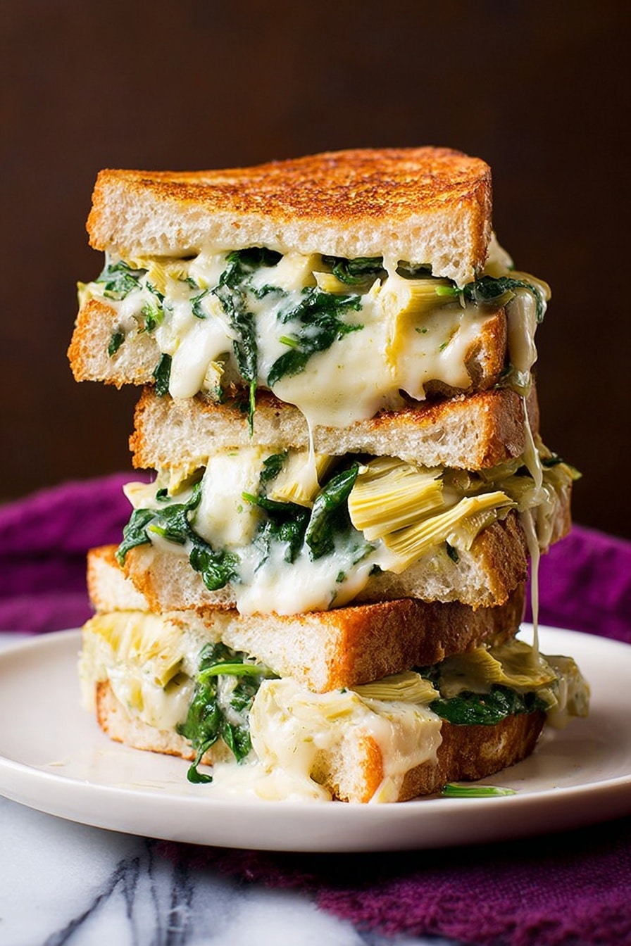 Two toasted sandwiches sit in a dark pan on a white marbled surface. Each sandwich has two thick slices of golden brown crispy bread as the top and bottom layers. Inside, there is a layer of melted pale cheese that slightly oozes out, resting on a layer of dark green leafy spinach. Below the spinach, there are pale yellow artichoke hearts adding texture. The sandwiches appear warm and freshly toasted, with the melted cheese glistening. Photo taken with an iphone --ar 2:3 --v 7 - Spinach Artichoke Grilled Cheese Sandwich, cheesy grilled cheese with spinach and artichokes, easy spinach artichoke grilled cheese, quick gourmet grilled cheese, best spinach and artichoke sandwich
