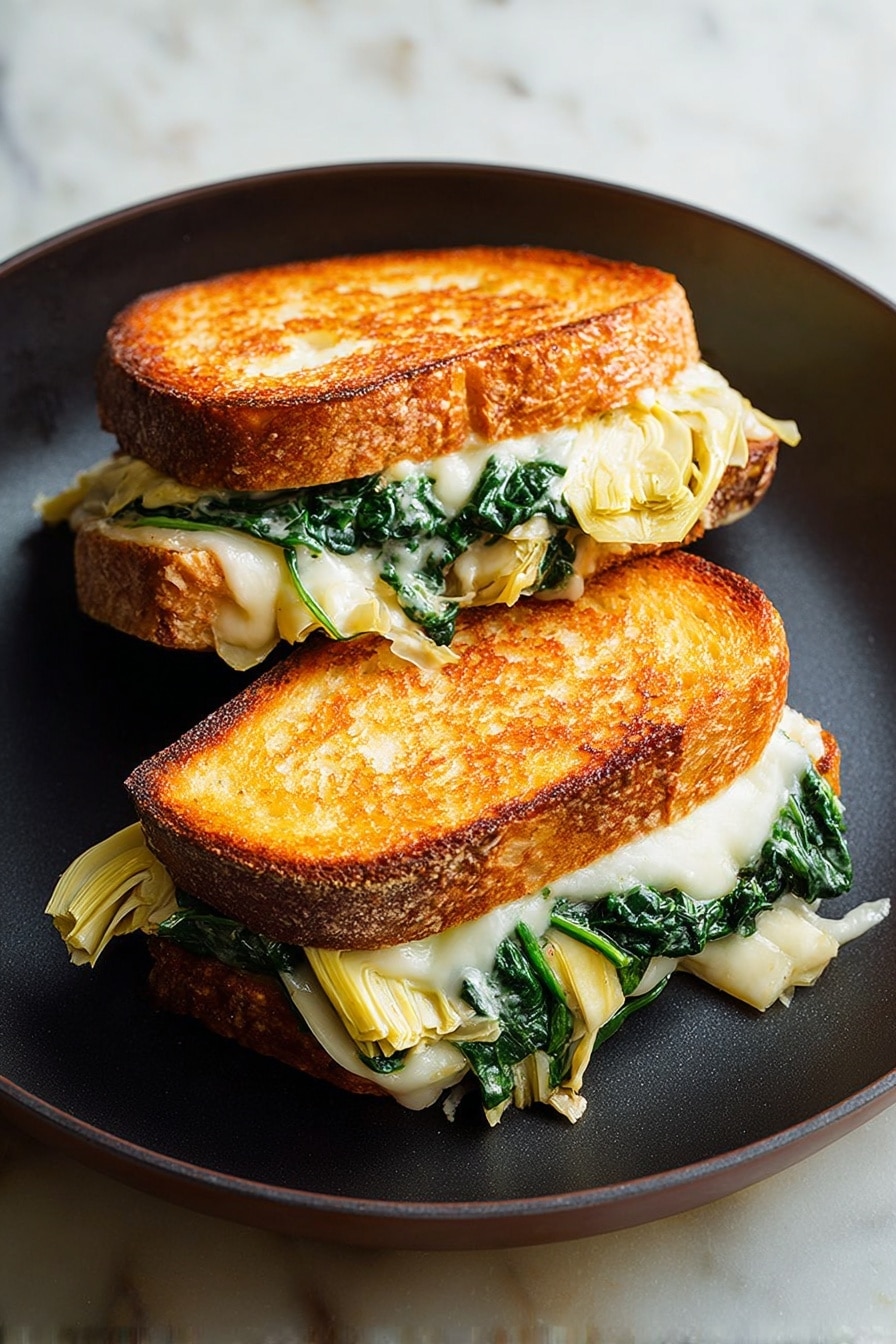 The image shows a toasted sandwich cut into three pieces on a white plate with a white marbled surface background. The sandwich has two layers of golden-brown, crispy bread with melted white cheese stretching from one piece, and bright green cooked spinach leaves visible between the cheese layers. The texture of the bread looks crunchy and the cheese appears smooth and gooey, holding the sandwich pieces together. Photo taken with an iphone --ar 2:3 --v 7 - Spinach Artichoke Grilled Cheese Sandwich, cheesy grilled cheese with spinach and artichokes, easy spinach artichoke grilled cheese, quick gourmet grilled cheese, best spinach and artichoke sandwich