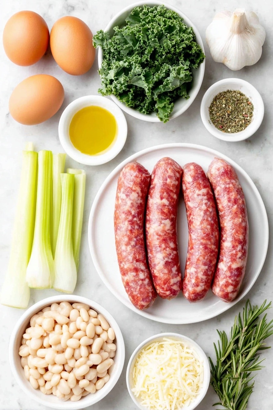 Flat lay of a sliced Polska Kiebasa sausage arranged neatly on a simple white ceramic plate, a small white bowl of golden olive oil, a handful of fresh chopped kale leaves with thick ribs removed, three whole fresh carrots peeled and uncut, a medium yellow onion halved to show its layers, two crisp celery stalks whole, four plump cloves of fresh garlic, a small white bowl filled with dry dried parsley flakes, a small white bowl with crushed dried rosemary, a small white bowl holding dried oregano, two clean whole brown eggs with smooth shells, a simple white ceramic bowl with drained and rinsed cannellini beans, and a small white bowl containing shredded parmesan cheese, all placed on a clean white marble surface, soft natural light, photo taken with an iPhone, professional food photography style, fresh ingredients, white ceramic bowls, no bottles, no duplicates, no utensils, no packaging --ar 2:3 --v 7 --p m7354615311229779997 - Kale and Sausage Bean Soup, hearty vegetable soup, nutritious sausage and kale stew, easy comfort food recipes, healthy bean soup recipes