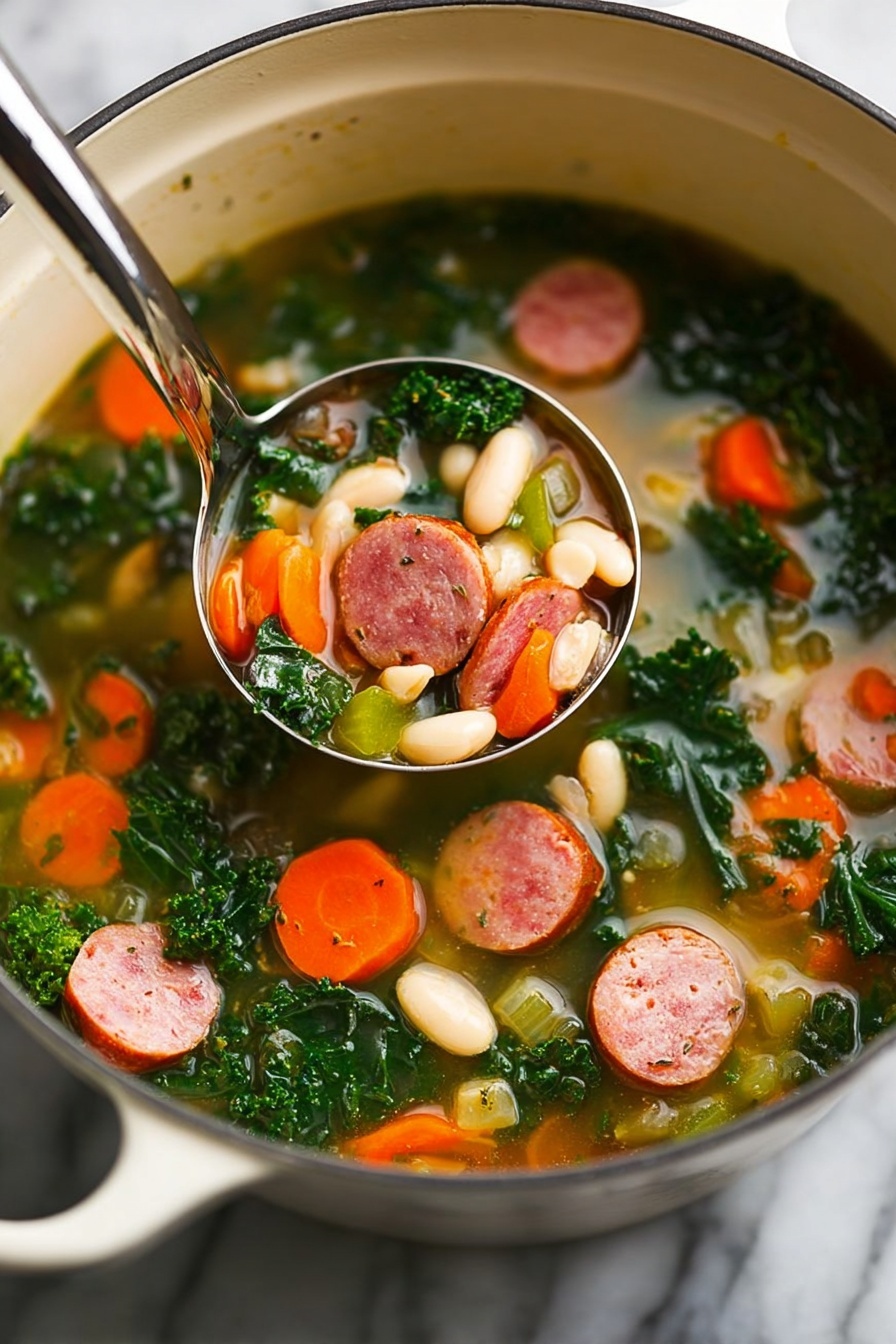 A dark brown bowl filled with clear soup that has visible slices of pink sausage, white beans, bright orange carrot pieces, green kale leaves, and light green celery bits, all floating in a light broth. The bowl is set on a matching dark brown plate with a dark spoon resting on it. Next to the bowl, there are pieces of crusty light brown bread with soft, airy inside. The bowl and bread sit on a white marbled surface with a yellow cloth partly underneath. Photo taken with an iphone --ar 2:3 --v 7 - Kale and Sausage Bean Soup, hearty vegetable soup, nutritious sausage and kale stew, easy comfort food recipes, healthy bean soup recipes