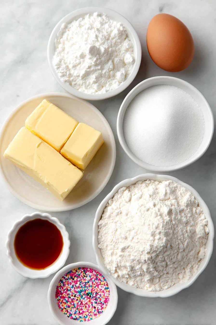 Flat lay of a medium mound of all-purpose flour in a simple white ceramic bowl, a small white bowl with a portion of baking powder, a smaller white bowl holding kosher salt, two sticks of unsalted butter side by side with a soft texture visible, a simple white ceramic bowl filled with granulated sugar, one large whole uncracked brown egg, a small white bowl containing almond extract in a light amber liquid, a small white bowl with vibrant red food coloring liquid, a small white ceramic dish with colorful round sprinkles scattered inside, all ingredients arranged symmetrically and proportionally on a clean white marble surface, soft natural light, photo taken with an iPhone, professional food photography style, fresh ingredients, white ceramic bowls, no bottles, no duplicates, no utensils, no packaging --ar 2:3 --v 7 --p m7354615311229779997 - Red Velvet Pinwheel Cookies, Red Velvet Cookies, Pinwheel Cookies, Festive Cookie Recipes, Easy Holiday Cookies