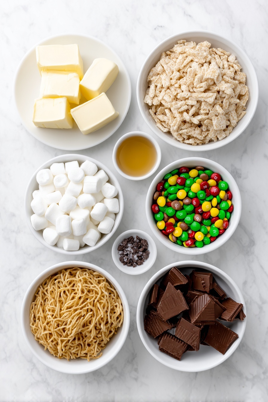 Flat lay of a small white ceramic bowl of salted butter cubes, a small white ceramic bowl of golden pure maple syrup, a few flakes of flaky sea salt scattered artistically, a small white ceramic bowl filled with mini white marshmallows, a mound of puffed Rice Krispies cereal, a small pile of crispy chow mein noodles, a small white ceramic bowl containing a mix of yellow, brown, and green candy-coated M&M’s, broken chunks of chocolate Pop-Tarts arranged neatly on a white ceramic plate, and a small white ceramic bowl with melted semisweet chocolate chips, placed on a clean white marble surface, soft natural light, photo taken with an iPhone, professional food photography style, fresh ingredients, white ceramic bowls, no bottles, no duplicates, no utensils, no packaging --ar 2:3 --v 7 --p m7354615311229779997 - Elf Rice Krispies Treats with M&Ms and Pop-Tarts, Rice Krispies treats with M&Ms and Pop-Tarts, festive Rice Krispies treats with candy, fun holiday dessert recipes, easy homemade treat ideas