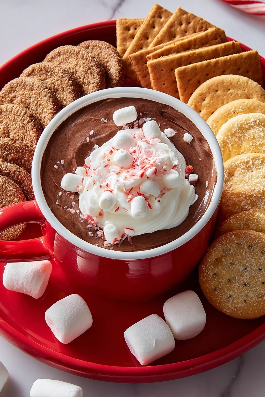 A close-up of a red mug filled with three visible layers: the bottom layer is smooth, thick dark brown hot chocolate, the middle layer is fluffy white whipped cream heaped high with soft mini marshmallows scattered over it, and the top layer has small pieces of red and white peppermint candy sprinkled on the whipped cream. A woman's hand is holding a golden-brown rectangular graham cracker, dipping it into the hot chocolate at the right side of the mug. More graham crackers are stacked beside the mug on a white marbled surface. Small peppermint candy pieces are also scattered on the surface near the mug. photo taken with an iphone --ar 2:3 --v 7 - Hot Cocoa Dip with Marshmallow Fluff, hot cocoa dip, marshmallow fluff dip, winter dessert recipes, holiday party snack