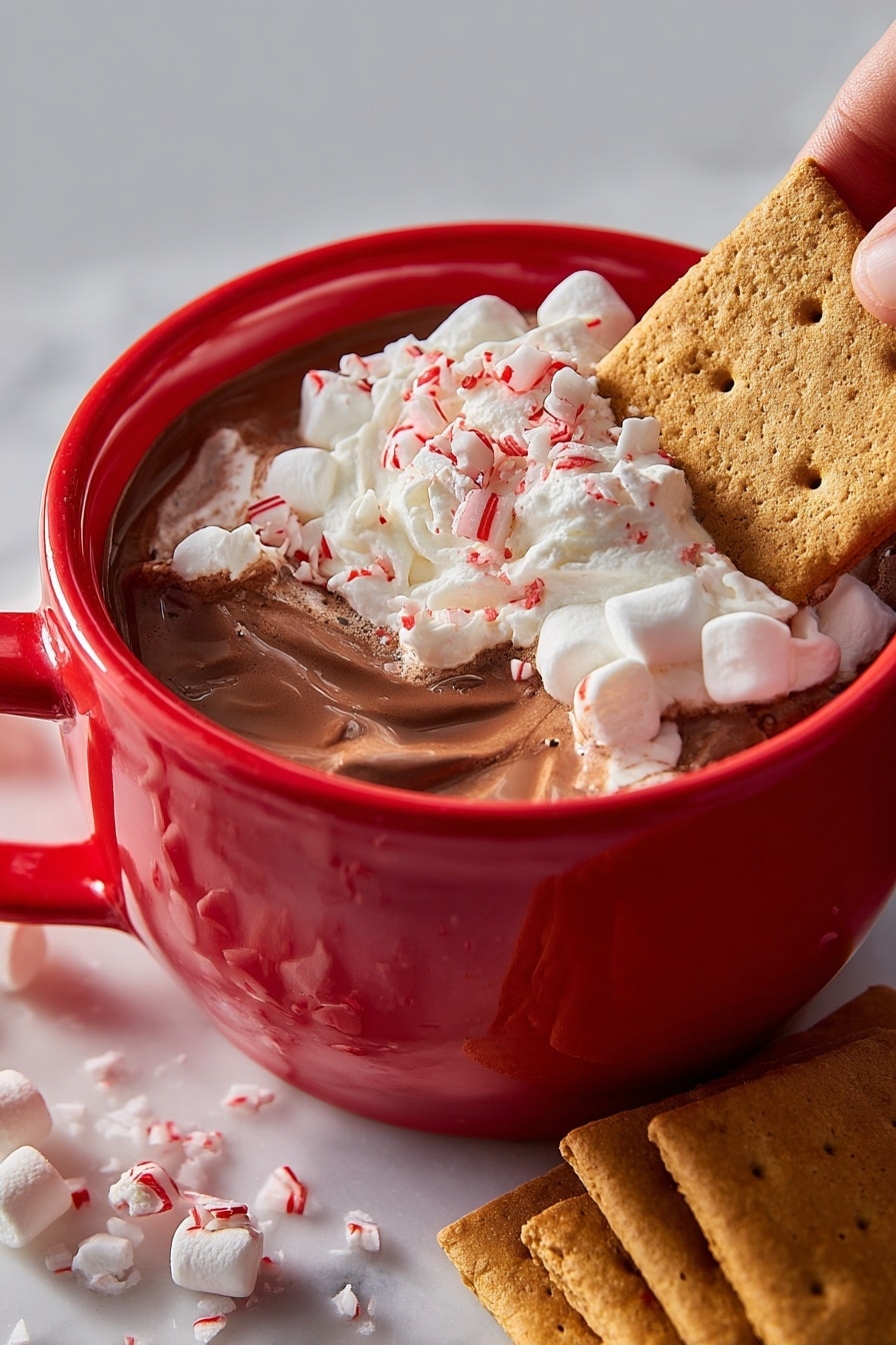 The image shows a red cup filled with smooth, dark brown chocolate mousse topped with soft white whipped cream, small white marshmallows, and tiny pieces of red and white crushed peppermint candy. The cup sits on a red plate which holds four round chocolate sandwich cookies arranged in a line on the left side, several rectangular brown graham crackers stacked on the top right, and six golden round cookies with coarse sugar on the bottom right. A few mini marshmallows are placed around the plate on a white marbled surface. photo taken with an iphone --ar 2:3 --v 7 - Hot Cocoa Dip with Marshmallow Fluff, hot cocoa dip, marshmallow fluff dip, winter dessert recipes, holiday party snack