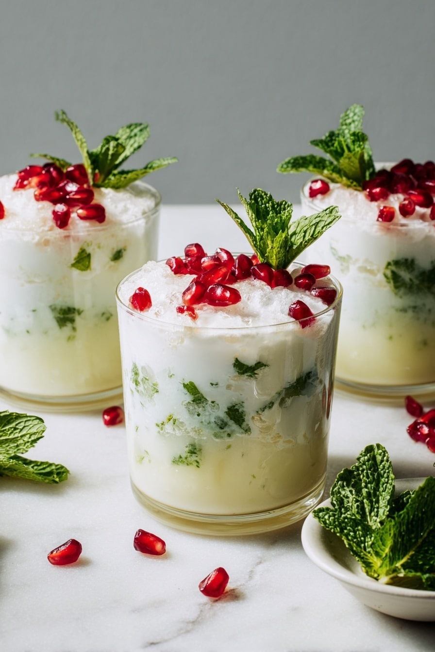 The image shows a clear glass filled with three main layers. The bottom layer is a smooth pale yellow liquid. The middle layer has white cream mixed with patches of green leaves, partly blending into the cream. On top, there is a thick white whipped cream layer, decorated with shiny red pomegranate seeds and a sprig of fresh green mint leaves standing upright. Next to the glass, there are a few scattered pomegranate seeds and a small bunch of fresh mint on a white marbled surface. The background is a simple light gray texture. Another glass with a similar drink appears blurred in the background. Photo taken with an iphone --ar 2:3 --v 7 - White Coconut Mint Mojito, tropical mojito recipe, coconut mojito cocktail, mint and lime mojito, refreshing summer drinks