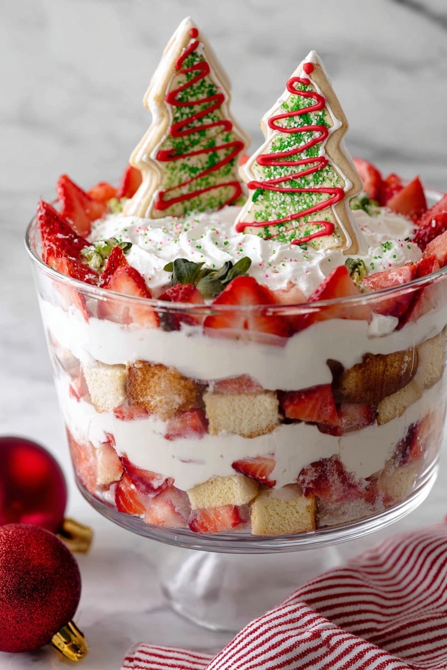 The image shows a white bowl filled with a dessert made of broken yellow sponge cake pieces mixed with white creamy whipped topping. There are bright red cut strawberries scattered throughout the mixture, adding a fresh color and texture contrast. Sprinkles of green and red colored bits are scattered inside the cream, adding a festive look. A silver fork is placed inside the bowl, partially covered by the cream and cake. The bowl sits on a white marbled surface with a red-striped cloth nearby, and there is some green pine decoration blurred in the background. photo taken with an iphone --ar 2:3 --v 7 - Christmas Tree Cake Trifle, festive holiday dessert, easy Christmas trifle, Christmas dessert ideas, Christmas party dessert