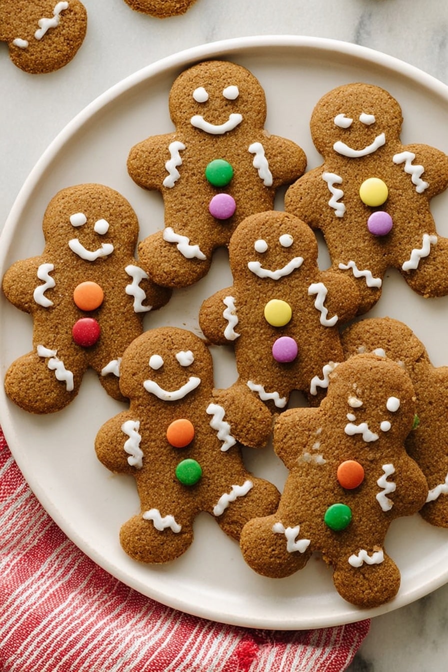 A round white plate holds seven gingerbread cookies shaped like people, each with a rough texture and a warm brown color. Each cookie is decorated with white icing in simple zig-zag patterns on the arms, legs, and heads to represent smiles and details. Three of the cookies have two colorful round candy buttons on their torsos in colors like green, yellow, purple, red, and orange. The plate is placed on a white marbled surface with a red and white striped cloth partially visible on the side. Photo taken with an iphone --ar 2:3 --v 7 - Soft and Chewy Gingerbread Cookies, gingerbread cookies recipe, how to make gingerbread cookies, best gingerbread cookie recipe, chewy gingerbread cookies