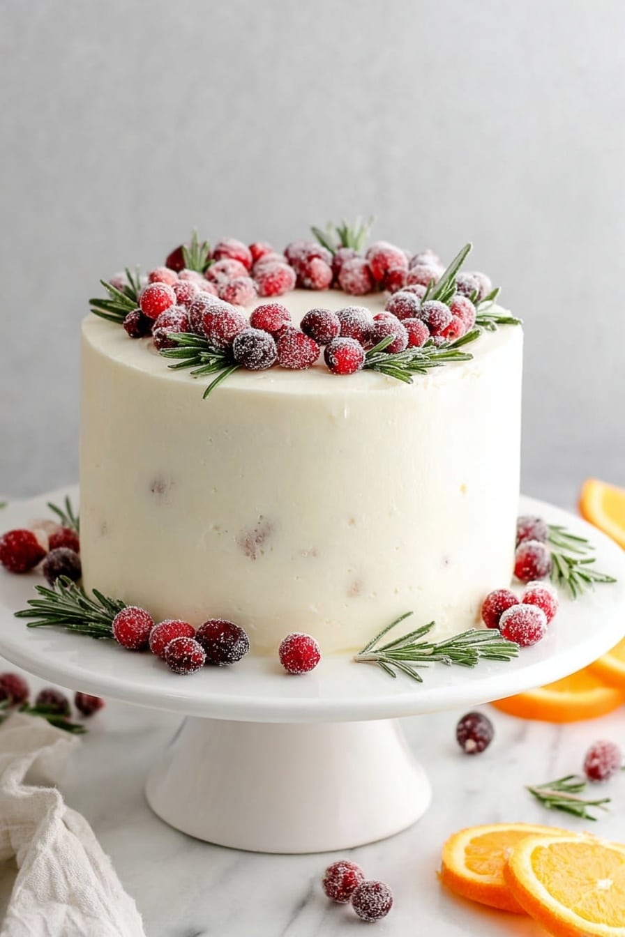 A close-up of a slice of white cake with three clear layers: a thick bottom layer of soft white sponge, a middle layer of smooth white cream, and a top layer of the same sponge mixed with bright red cranberries visible inside. The cake is covered entirely with a thick, smooth white frosting. There are frosted cranberries around the base of the cake slice on a white speckled plate. A gold fork is beside the slice with some cake and frosting on its tip. The background is a white marbled texture. Photo taken with an iphone --ar 2:3 --v 7 - Cranberry Orange Cake with White Chocolate Frosting, holiday cranberry cake, orange dessert recipes, festive cake with cranberries, white chocolate frosting dessert