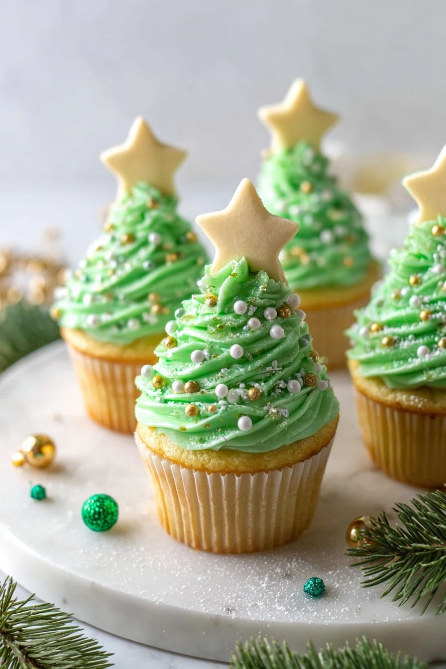 The image shows several cupcakes arranged on a white plate, each cupcake topped with bright green frosting piped in a spiral to form a Christmas tree shape. Small round silver, gold, and white edible beads decorate the frosting, along with a light dusting of powdered sugar. A white star-shaped cookie sits on top of each frosting tree. Around the plate, there are small shiny Christmas ornaments in green, gold, and silver colors, all placed on a white marbled surface photo taken with an iphone --ar 2:3 --v 7 - Christmas Tree Cupcake, Christmas Tree Cupcake Recipe, holiday cupcake ideas, festive Christmas cupcakes, Christmas baking recipes