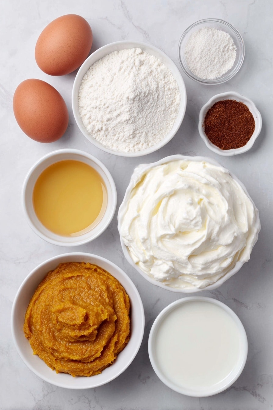 Flat lay of two unwrapped black tea bags, a small white bowl of rich orange pumpkin puree, a small white bowl of golden pure maple syrup, a small white bowl of smooth whole milk, a tiny white bowl with ground cardamom powder, a tiny white bowl with pumpkin pie spice powder, a small mound of fresh whipped cream on white ceramic plate, two whole brown eggs, all elements arranged symmetrically on a clean white marble surface, soft natural light, photo taken with an iPhone, professional food photography style, fresh ingredients, white ceramic bowls, no bottles, no duplicates, no utensils, no packaging --ar 2:3 --v 7 --p m7354615311229779997 - Spiked Pumpkin Chai Latte, Pumpkin Chai Latte with Alcohol, Fall Spiced Coffee Drinks, Cozy Autumn Beverages, Homemade Pumpkin Latte with Booze