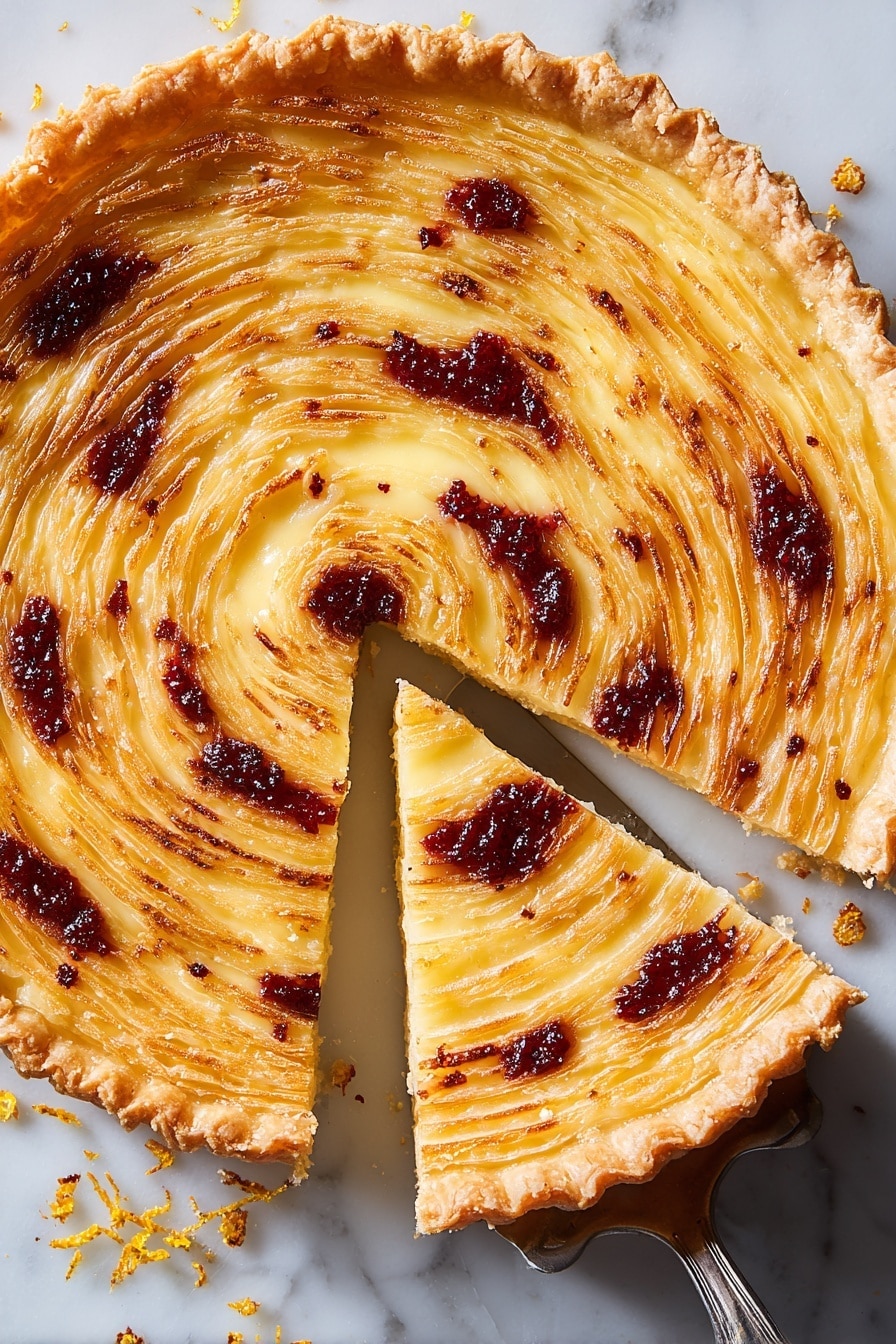 A single slice of layered pastry sits on a white plate, showing multiple thin, flaky, golden-brown layers that are soft and slightly shiny from syrup. Between the layers are spots of bright red jam. The top layer has a light glaze with a few drops of syrup gathered around the base. A woman's hand holding a fork lifts a piece from the wider end of the slice. The whole scene is set on a white marbled surface. Photo taken with an iphone --ar 2:3 --v 7 - Cranberry Phyllo Tart with Orange Custard, festive cranberry tart, orange custard dessert, flaky phyllo tart, holiday fruit tart