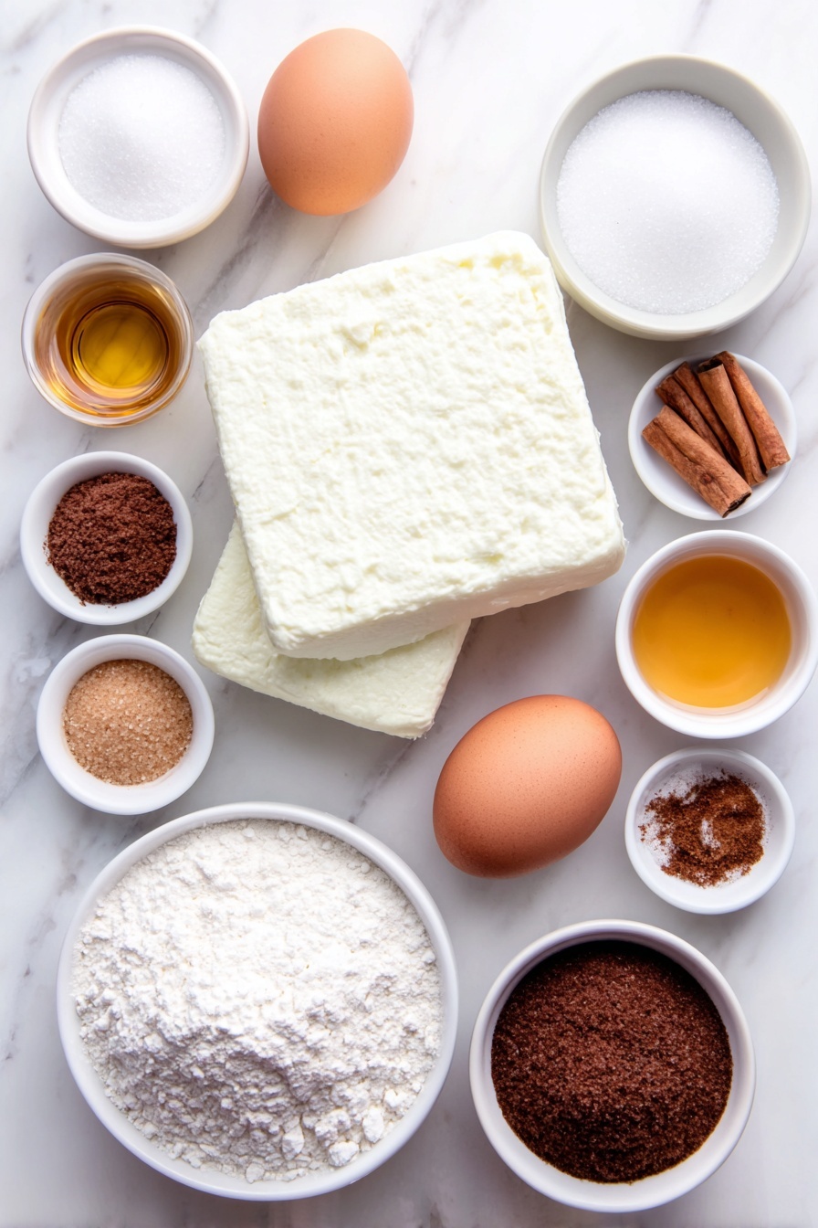 Flat lay of a soft block of cream cheese next to a small white bowl of granulated sugar and another small white bowl filled with golden vanilla extract, a small mound of all-purpose flour beside an array of warm colored spices including ground cinnamon, ginger, nutmeg, and cloves neatly arranged in tiny white bowls, a small white bowl holding light golden molasses, a small bowl with melted unsalted butter gleaming softly, a single whole clean brown egg, a small white bowl of packed dark brown sugar, and a small white bowl filled with the spiced sugar coating mix, all ingredients fresh and natural displayed in perfect symmetry on simple white ceramic bowls placed on a clean white marble surface, soft natural light, photo taken with an iPhone, professional food photography style, fresh ingredients, white ceramic bowls, no bottles, no duplicates, no utensils, no packaging --ar 2:3 --v 7 --p m7354615311229779997 - Cheesecake Gingerbread Cookies, gingerbread cookie recipe, creamy cheesecake cookies, holiday cookie ideas, festive gingerbread treats