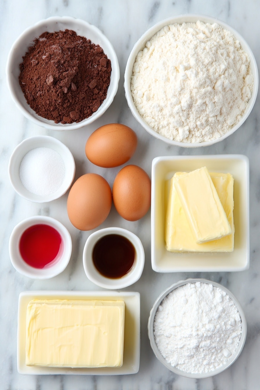 Flat lay of a small mound of all-purpose flour, a small white ceramic bowl of unsweetened cocoa powder, a tiny heap of coarse salt, a small pile of baking powder, a square of softened butter with a creamy texture, granulated white sugar loosely heaped, two whole uncracked brown eggs, a small white ceramic bowl of clear vanilla extract, a small white ceramic bowl containing vibrant red liquid food coloring, a block of soft cream cheese, a square of softened butter, a small white ceramic bowl filled with sifted powdered sugar, and another small white ceramic bowl of vanilla extract, all arranged symmetrically and balanced on a clean white marble surface, soft natural light, photo taken with an iPhone, professional food photography style, fresh ingredients, white ceramic bowls, no bottles, no duplicates, no utensils, no packaging --ar 2:3 --v 7 --p m7354615311229779997 - Red Velvet Cookie Bars with Cream Cheese Frosting, easy red velvet dessert, no-bake cookie bars, cream cheese frosting cookies, festive red velvet treats