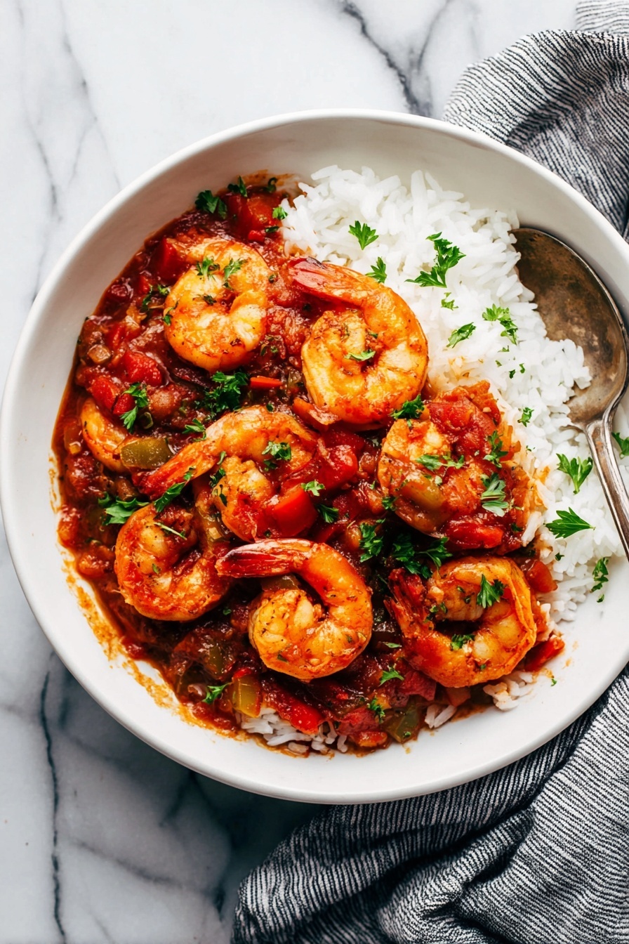In a white bowl on a white marbled surface, there is a dish with two layers: the bottom layer is white rice with a soft and fluffy texture, pushed slightly to one side. The top layer is a rich red sauce mixed with cooked green and red vegetables, and several orange shrimp with curled tails arranged in a way that they stand out on top. Small green parsley leaves are sprinkled over the shrimp and sauce for garnish. A silver spoon rests on the right edge of the bowl. The edge of a gray striped cloth is visible in the bottom right corner. Photo taken with an iphone --ar 2:3 --v 7 - Shrimp Creole, Shrimp Creole recipe, New Orleans Shrimp Creole, easy shrimp Creole, flavorful shrimp Creole dish