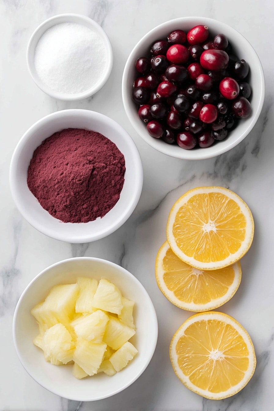 Flat lay of two small white bowls holding deep red cranberry flavored gelatin powder, a simple white ceramic bowl filled with whole fresh cranberries, a small white bowl of crushed pineapple with golden juicy pieces, a few bright orange peels arranged neatly, several fresh lemon peels beside them, all laid out in perfect symmetry on a clean white marble surface, soft natural light, photo taken with an iPhone, professional food photography style, fresh ingredients, white ceramic bowls, no bottles, no duplicates, no utensils, no packaging --ar 2:3 --v 7 --p m7354615311229779997 - Cranberry Jello Salad, Cranberry Jello Salad recipe, Easy Cranberry Jello Salad, Holiday Cranberry Salad, Fruit Jello Salad