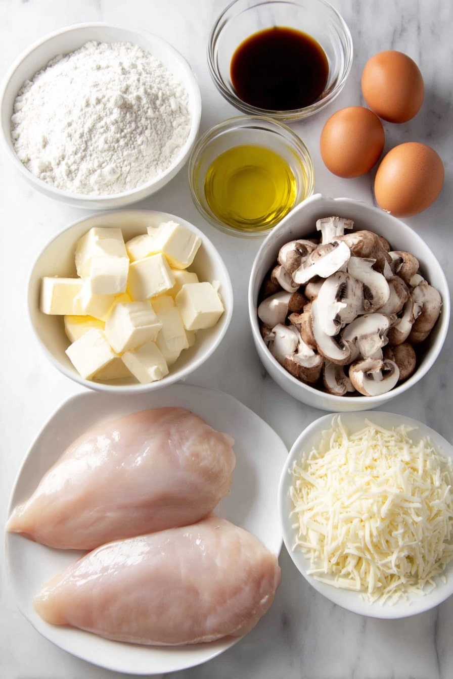 Flat lay of two large raw chicken breasts, a small pile of white all-purpose flour on a white ceramic plate, a few whole brown eggs with clean shells, a small white bowl filled with golden olive oil, three tablespoons of pale yellow butter cubes on a white plate, a white ceramic bowl heaped with sliced fresh cremini mushrooms, a small white bowl holding deep amber marsala wine, a small white bowl with light golden chicken broth, a small mound of shredded white mozzarella cheese on a white plate, and two fresh green scallions with white bulbs on a white ceramic plate, all arranged symmetrically and realistically proportioned, placed on a clean white marble surface, soft natural light, photo taken with an iPhone, professional food photography style, fresh ingredients, white ceramic bowls, no bottles, no duplicates, no utensils, no packaging --ar 2:3 --v 7 --p m7354615311229779997 - Chicken Marsala with Mushrooms, Chicken Marsala recipe, easy Chicken Marsala, quick Mushroom Marsala, weeknight Chicken Marsala dinner