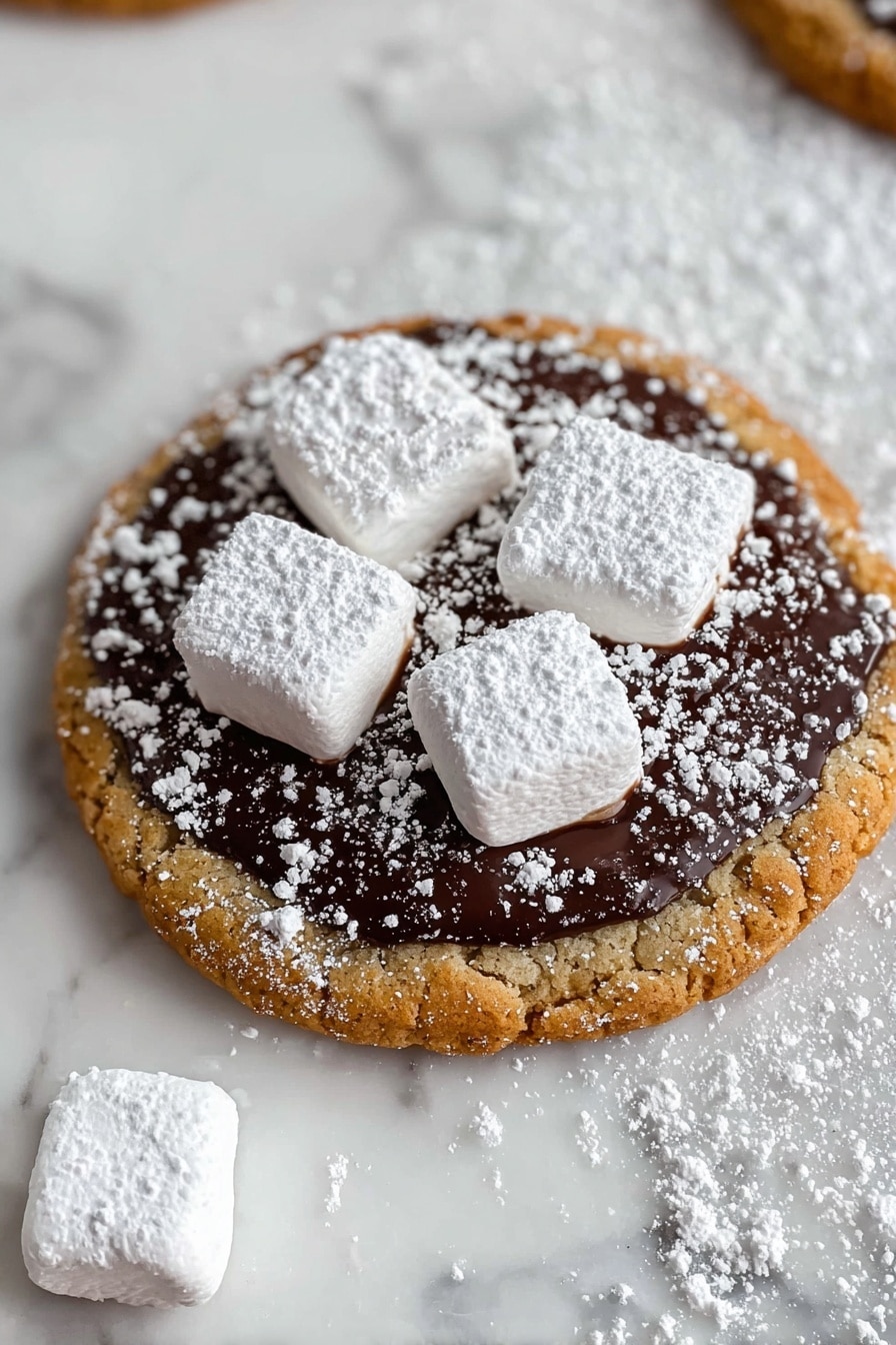 A round cookie with a slightly rough, golden-brown texture forms the base layer, topped with a smooth, glossy dark chocolate layer that spreads evenly near the edges. On top of the chocolate layer, three square marshmallows dusted heavily with white powdered sugar sit clustered in the center. The cookie and marshmallows are also sprinkled lightly with powdered sugar, which contrasts against the shiny dark chocolate and golden cookie. The cookie rests on a white marbled surface, with powdered sugar scattered around and a lone powdered marshmallow nearby. Photo taken with an iphone --ar 2:3 --v 7 - Peanut Butter Puppy Chow Cookies, peanut butter cookies with cereal crunch, chocolate peanut butter cookie recipe, easy peanut butter cookies, homemade puppy chow cookies