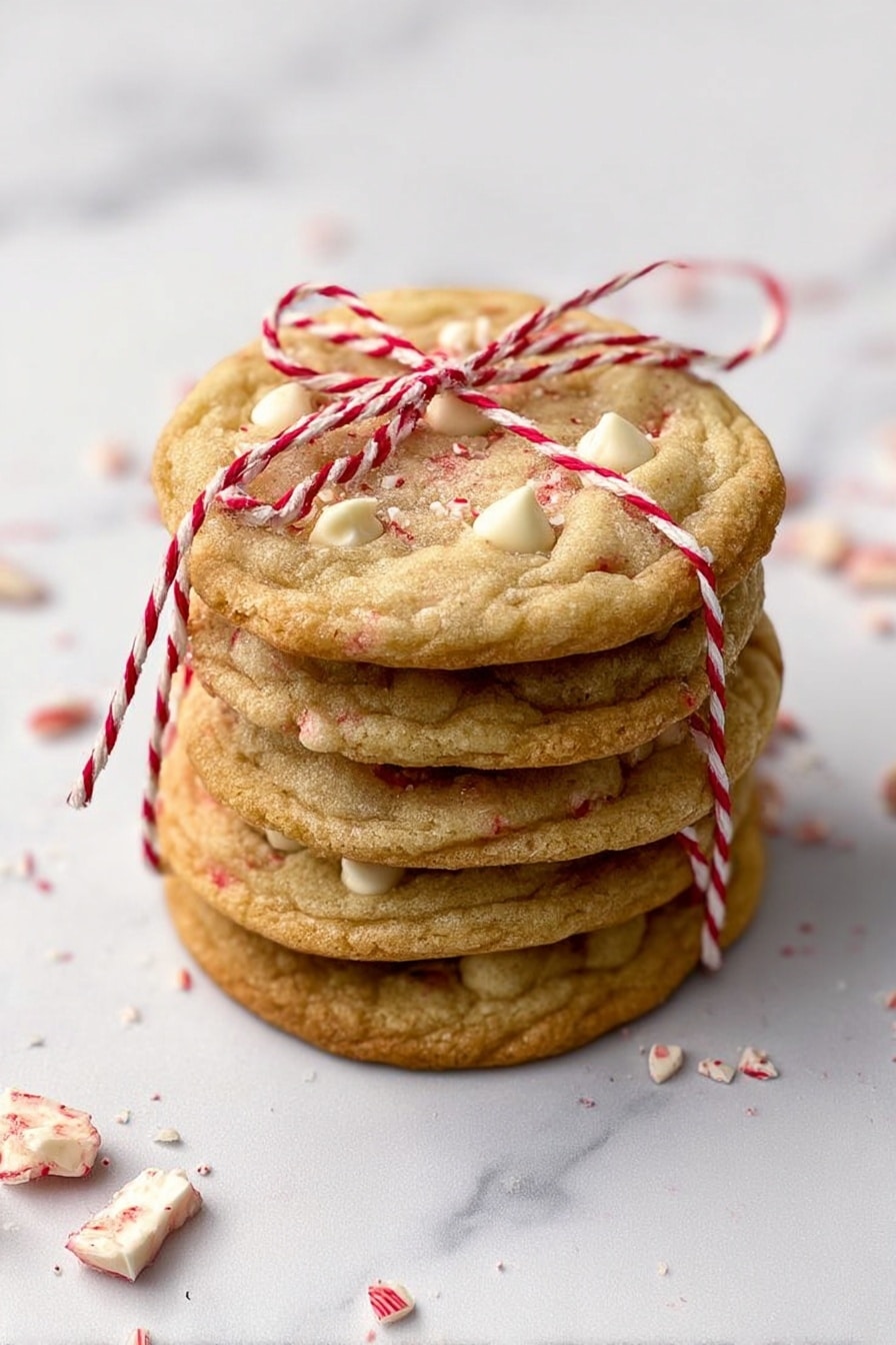 The image shows a close-up of six round cookies on a white parchment paper on a wooden rimmed baking tray. Each cookie has a golden-brown edge and a soft, pale beige center with white chunks and small red bits scattered throughout, giving the texture a mix of smooth and slightly bumpy. A few white chunks and red crumbs are scattered loose around the cookies on the parchment. The baking tray sits on a white marbled surface. photo taken with an iphone --ar 2:3 --v 7 - White Chocolate Peppermint Cookie, festive holiday cookies, peppermint chocolate cookies, easy holiday baking, Christmas cookie recipes