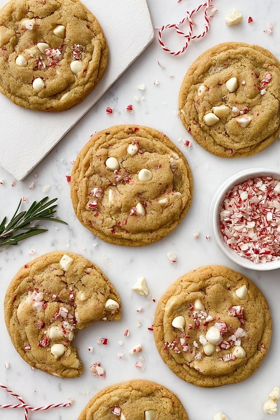 Seven round cookies with a golden brown color and slightly cracked tops lay scattered over a white marbled surface. Each cookie has visible white chocolate chips and small red and white candy pieces mixed throughout, giving a festive look. One cookie is partially eaten, revealing a soft inside. Near the cookies is a small white bowl filled with crushed red and white candy pieces. A twisted red and white string lies in the background, and a small green rosemary sprig is tied with the same string in the bottom left corner. Photo taken with an iphone --ar 2:3 --v 7 - White Chocolate Peppermint Cookie, festive holiday cookies, peppermint chocolate cookies, easy holiday baking, Christmas cookie recipes