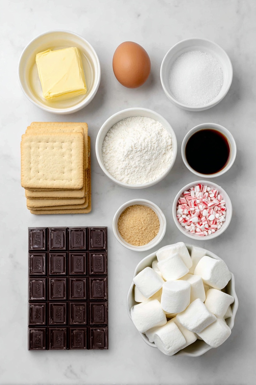Flat lay of melted golden butter in a small white ceramic bowl, light and fluffy brown sugar in a separate white bowl, fine granulated sugar in another white bowl, one large uncracked brown egg, a small white bowl with clear vanilla extract, a small white bowl with clear peppermint extract, white all-purpose flour loosely piled in a white bowl, semi-sweet chocolate chips heaped in a white bowl, crushed red and white candy cane pieces in a white bowl, nine whole golden-brown square graham crackers neatly stacked, nine large fluffy white marshmallows arranged in a perfect row, eighteen uniform milk chocolate Hershey bar squares lined symmetrically, and a few flakes of coarse sea salt scattered artistically on the surface; all ingredients spaced evenly and symmetrically on a clean white marble surface, soft natural light, photo taken with an iPhone, professional food photography style, fresh ingredients, white ceramic bowls, no bottles, no duplicates, no utensils, no packaging --ar 2:3 --v 7 --p m7354615311229779997 - Chocolate Peppermint S'mores Cookies, festive cookies, peppermint chocolate cookies, holiday s'mores treats, winter dessert recipes