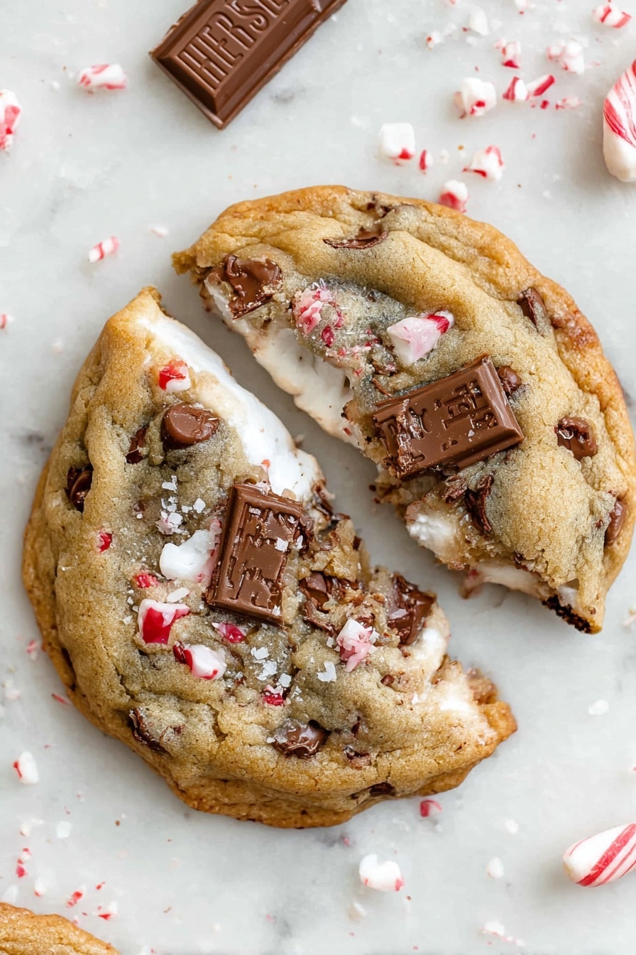 The image shows two round cookies on white parchment paper on a baking tray with dark edges. Each cookie has a light brown, slightly rough texture with visible chocolate chips and small red spots throughout. On top of each cookie is a rectangular piece of Hershey’s milk chocolate bar, slightly melting into the cookie dough. The cookies look soft and a bit puffy, with uneven edges and a cracked surface. The white parchment paper has a smooth, slightly crinkled texture. photo taken with an iphone --ar 2:3 --v 7 - Chocolate Peppermint S'mores Cookies, festive cookies, peppermint chocolate cookies, holiday s'mores treats, winter dessert recipes