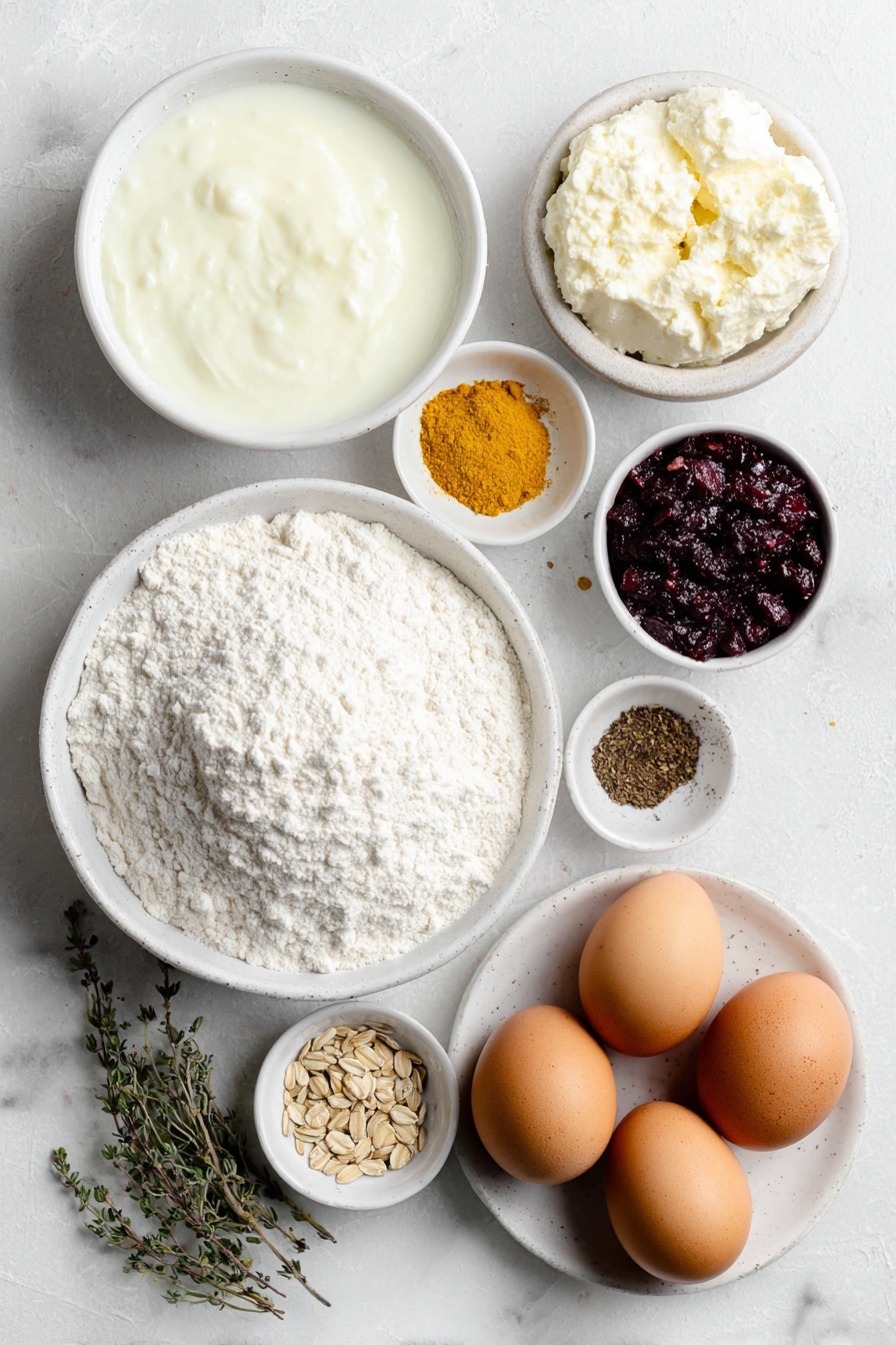 Flat lay of a small white ceramic bowl of fresh whole cow’s milk, a few brown sugar cubes neatly heaped in a small white bowl, a small white bowl filled with thick plain Greek yogurt, a small mound of plain all-purpose flour on a white ceramic plate, a small mound of whole wheat flour on another white ceramic plate, a small white bowl overflowing with dried bright red cranberries, a small white bowl holding rolled oats, a small white bowl filled with sunflower seeds, a small white bowl carefully arranged with golden ground turmeric, a small white bowl of warm brown ground cinnamon, a tiny white bowl of fine light brown nutmeg powder, a small white bowl with dried green thyme leaves, a small white bowl holding dried rosemary sprigs, a small white bowl of fine white salt, a very small white bowl of coarsely ground black pepper, a simple white ceramic bowl containing two whole uncracked brown eggs all placed with perfect symmetry and balanced proportions on a clean white marble surface, soft natural light, photo taken with an iPhone, professional food photography style, fresh ingredients, white ceramic bowls, no bottles, no duplicates, no utensils, no packaging --ar 2:3 --v 7 --p m7354615311229779997 - Crunchy Cranberry Homemade Crackers, Cranberry Crackers Recipe, Healthy Cranberry Crackers, Easy Homemade Crackers, Cranberry Snack Ideas