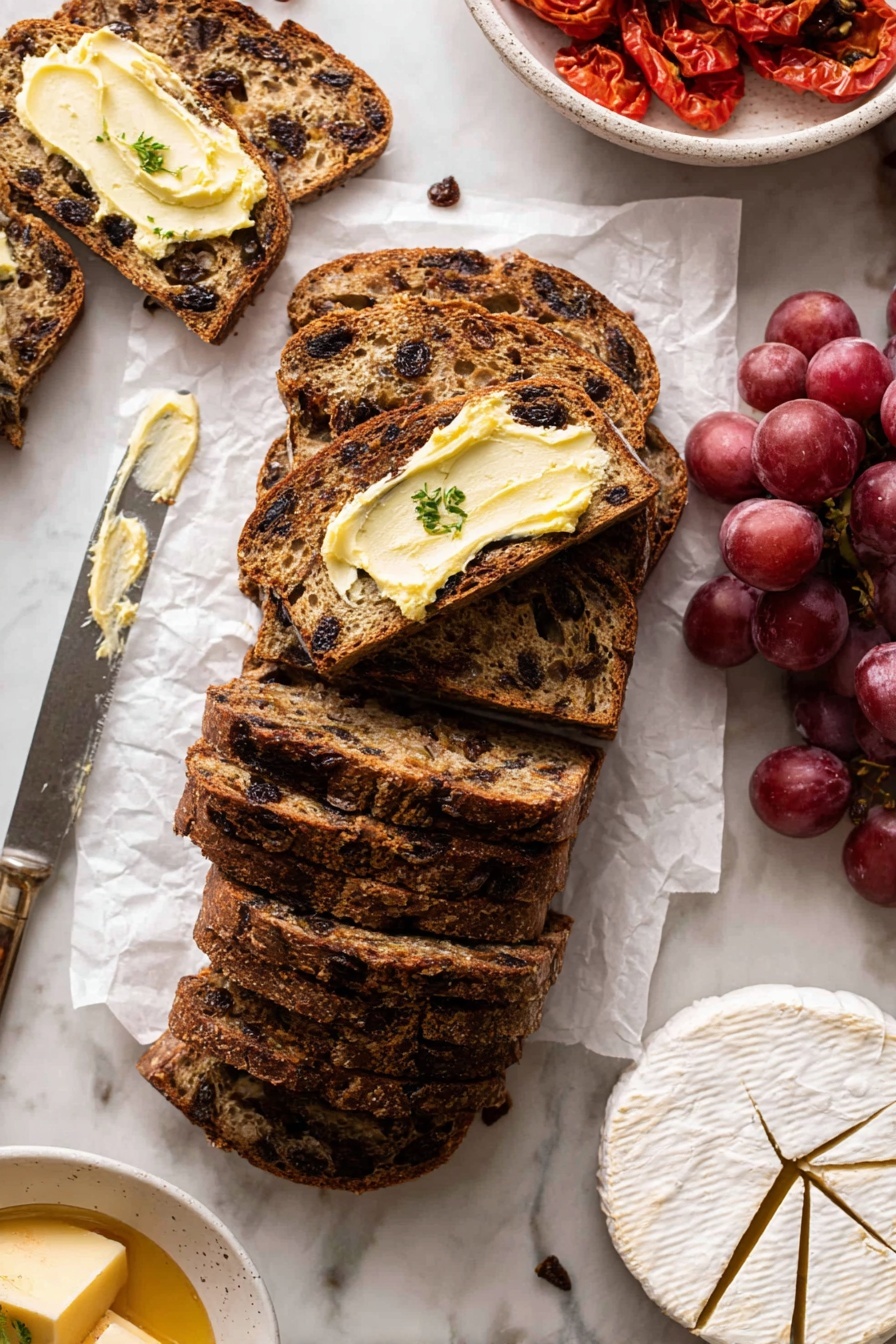 There are two slices of dark brown fruit and nut bread stacked on a white marbled surface, with a soft, melted piece of light yellow cheese placed on top of the top slice. The bread has visible seeds and dark fruit pieces embedded in it, giving it a rough texture. A partially unwrapped block of the same yellow cheese is seen blurred in the background on the left side. The overall scene is lit softly, showing the contrast between the rich brown bread and the creamy cheese. Photo taken with an iphone --ar 2:3 --v 7 - Crunchy Cranberry Homemade Crackers, Cranberry Crackers Recipe, Healthy Cranberry Crackers, Easy Homemade Crackers, Cranberry Snack Ideas