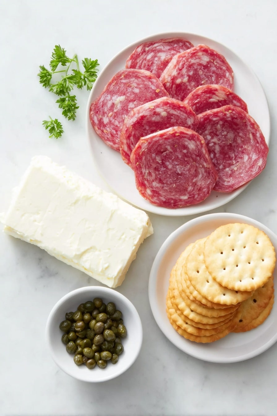 Flat lay of a block of fresh cream cheese on a simple white ceramic plate, thin large round slices of deep red salami arranged in a slight fan on a white ceramic plate, a small white bowl of plump green baby capers, a few sprigs of bright green parsley finely chopped on a small white dish, and a neat stack of rustic-looking golden crackers on a plain white ceramic plate, all evenly spaced and symmetrically arranged, placed on a clean white marble surface, soft natural light, photo taken with an iPhone, professional food photography style, fresh ingredients, white ceramic bowls, no bottles, no duplicates, no utensils, no packaging --ar 2:3 --v 7 --p m7354615311229779997 - Salami Cream Cheese Roll-Ups, easy appetizer recipes, no-cook party snacks, savory finger food, quick appetizer ideas