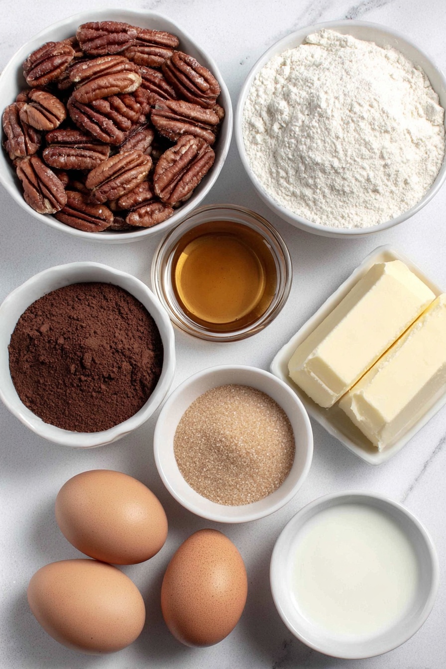 Flat lay of raw whole pecans scattered, a small white bowl of light amber maple syrup, a small white bowl of packed light brown sugar, a small white bowl of granulated sugar, two whole uncracked brown eggs, a small white bowl of plain Greek yogurt, a small white bowl of unsweetened cocoa powder, a small white bowl of all-purpose flour, a small white bowl of ground cinnamon, a small white bowl of cornstarch, a small white bowl of powdered sugar, a small white bowl of melted coconut oil, a small white bowl of salted butter sticks, a small white bowl of heavy cream, a small white bowl of vanilla extract, placed on a clean white marble surface, soft natural light, photo taken with an iPhone, professional food photography style, fresh ingredients, white ceramic bowls, no bottles, no duplicates, no utensils, no packaging --ar 2:3 --v 7 --p m7354615311229779997 - Chocolate Bourbon Pecan Cupcakes, bourbon pecan cupcakes, chocolate pecan cupcakes, decadent cupcake recipe, holiday dessert recipes