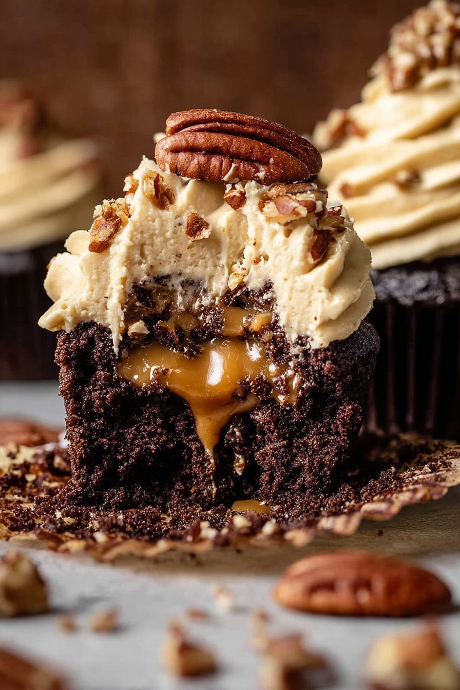 The image shows a close-up of a dark chocolate cupcake cut in half, revealing three layers. The bottom layer is the moist, dark chocolate cake with a rough texture. In the middle, there is a layer of golden caramel sauce oozing out. The top layer is a thick swirl of light beige frosting, creamy and fluffy, topped with a whole pecan. Surrounding the cupcake are some scattered pecan pieces and crumbs on a brown surface, with another whole cupcake in the background, also topped with light beige frosting and pecan pieces. Photo taken with an iphone --ar 2:3 --v 7 - Chocolate Bourbon Pecan Cupcakes, bourbon pecan cupcakes, chocolate pecan cupcakes, decadent cupcake recipe, holiday dessert recipes