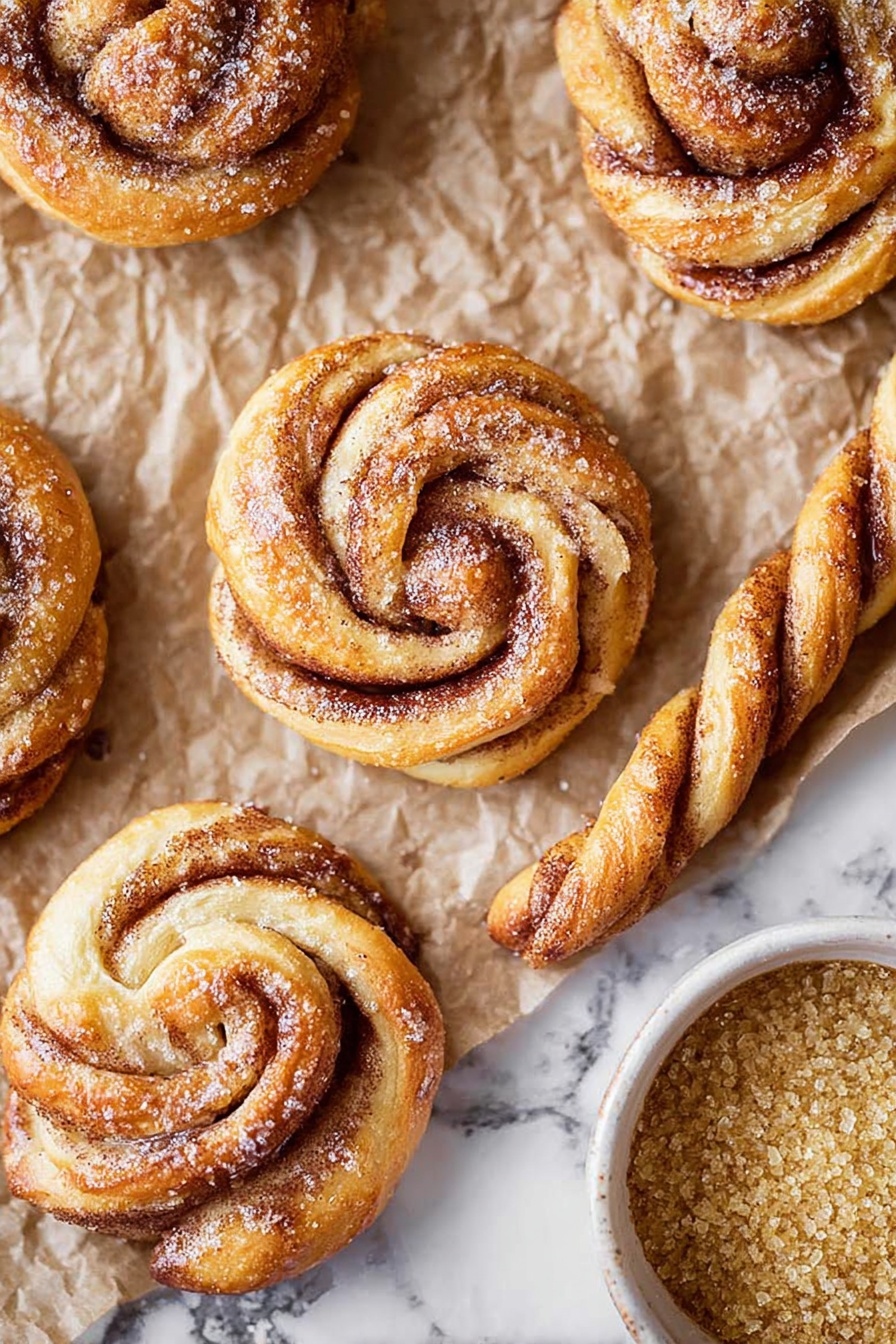 The image shows a close-up of a cinnamon roll with visible layers of golden-brown dough twisted with dark brown cinnamon filling. The top of the roll is sprinkled with coarse sugar crystals, giving it a slightly crunchy texture. The roll has a soft and slightly shiny surface with a slight powdered sugar dusting. The background features a white marbled texture, with part of a white cup with a golden rim to the right side of the image. Photo taken with an iphone --ar 2:3 --v 7 - Pumpkin Spice Danish Twists, pumpkin spice pastry, fall Danish pastries, easy pumpkin spice dessert, holiday baking recipes